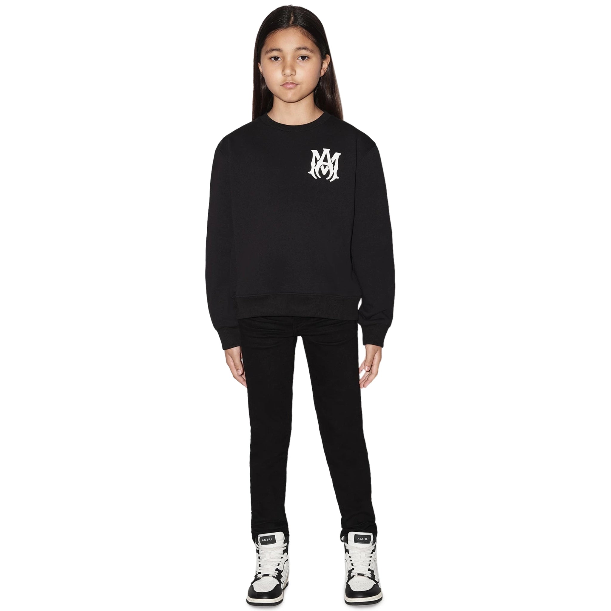 Model front view of Amiri Kids MA Black Sweatshirt PF22KJL005-001