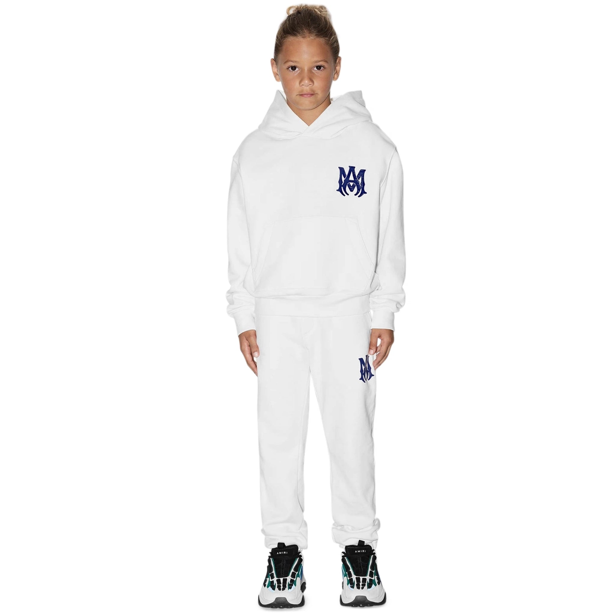 Model front view of Amiri Kids MA Core Logo White Hoodie PS23KJH002-100