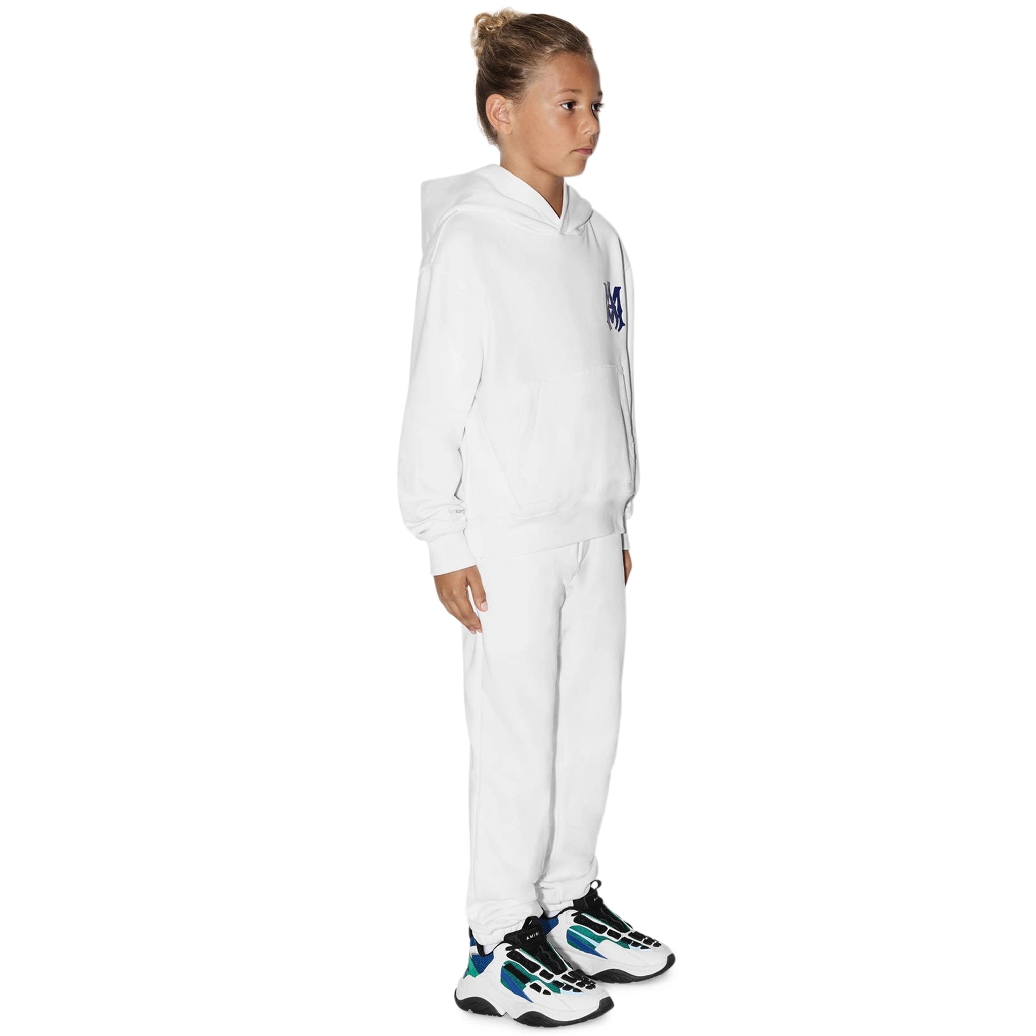 Model side view of Amiri Kids MA Core Logo White Hoodie PS23KJH002-100