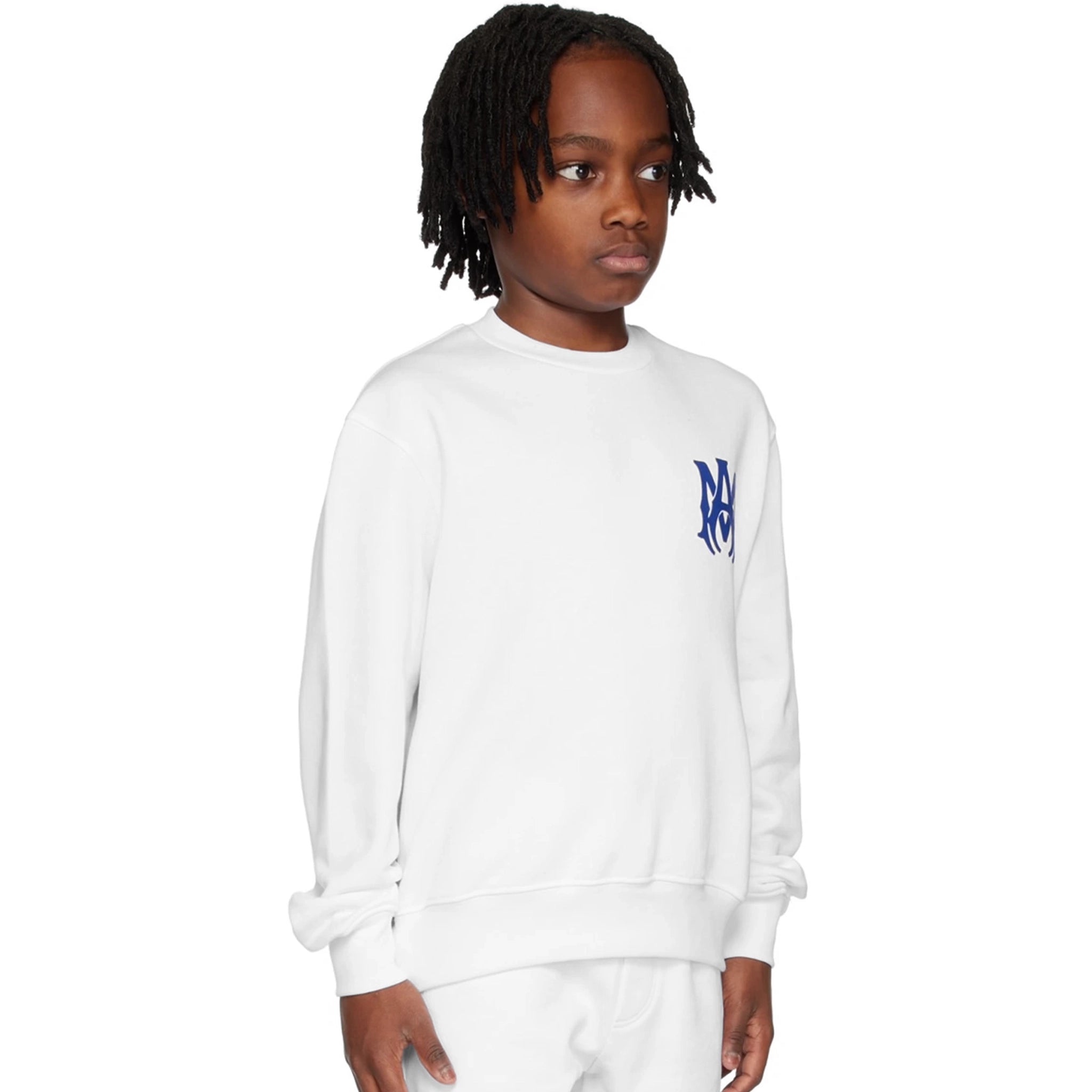 Model side view of Amiri Kids MA Core Logo White Sweatshirt PS23KJC003-100