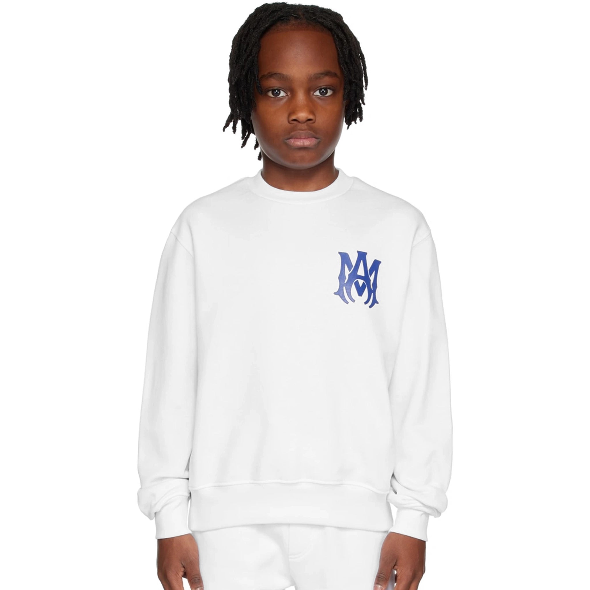 Model front view of Amiri Kids MA Core Logo White Sweatshirt PS23KJC003-100