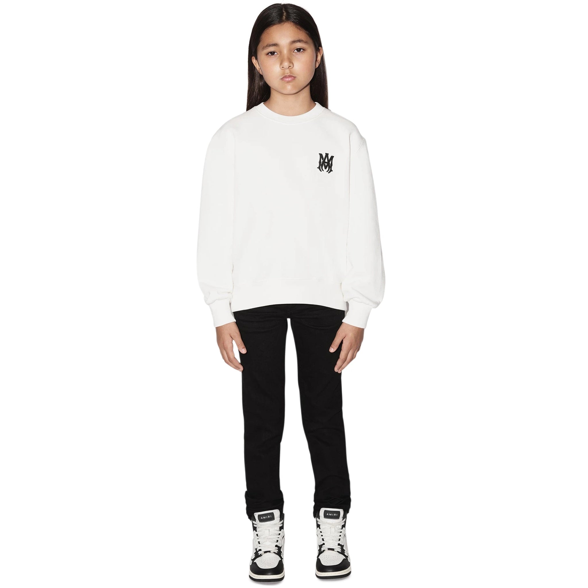 Model front view of Amiri Kids MA White Sweatshirt PF22KJL005-100