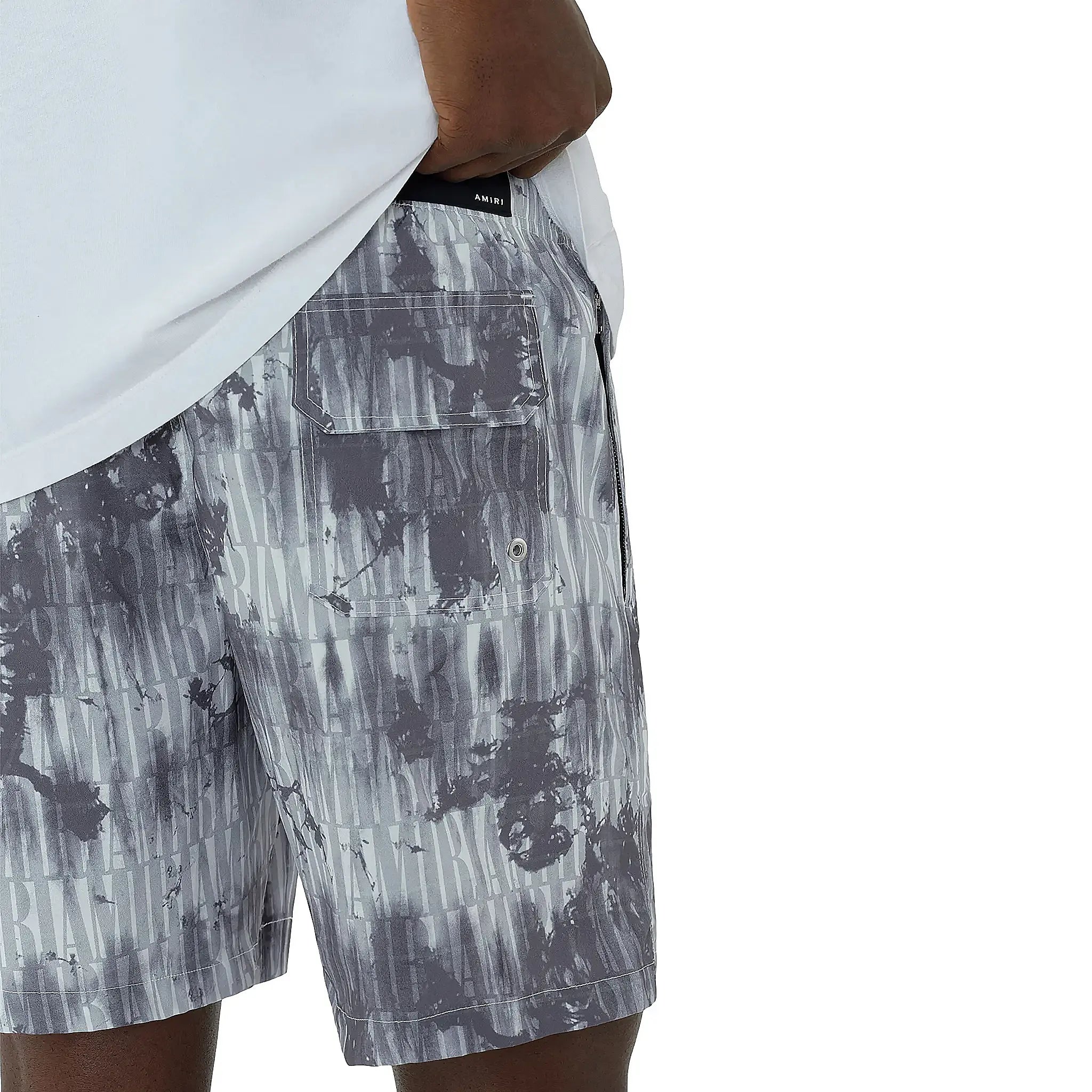 Model back detail view of Amiri Tie Dye Grey Swim Shorts SS23MSB002-030