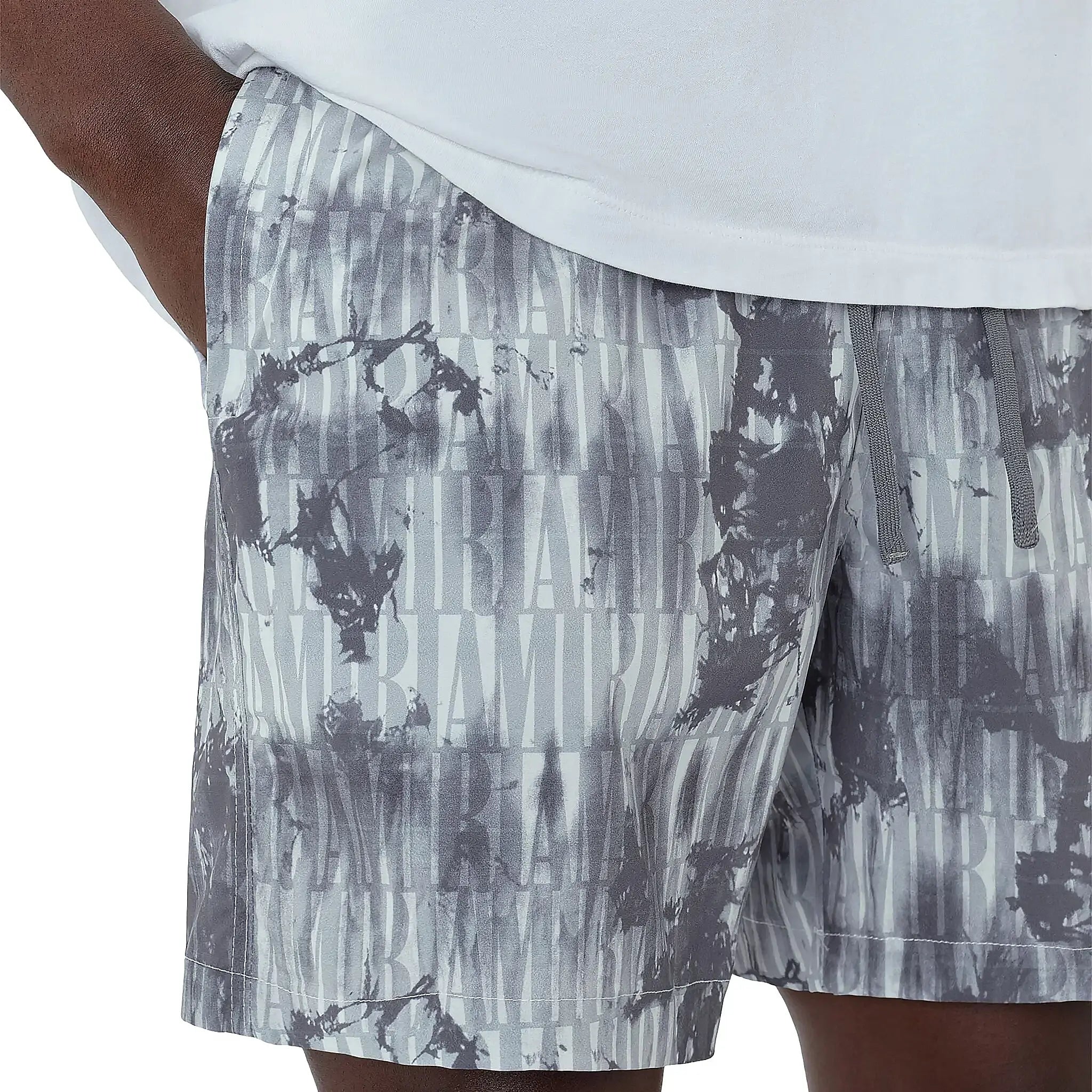 Model detail view of Amiri Tie Dye Grey Swim Shorts SS23MSB002-030