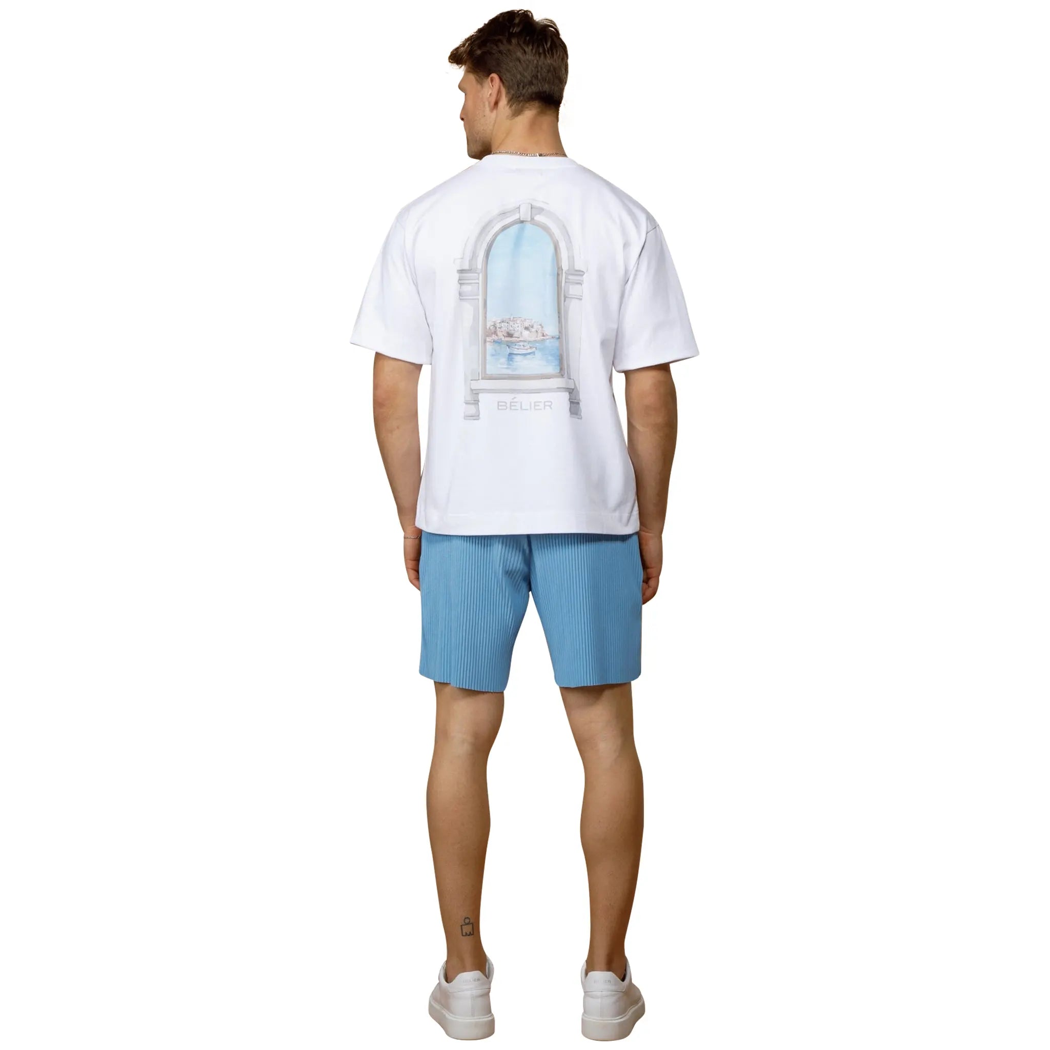 Model Back view of Belier Arch View White T Shirt BM-214