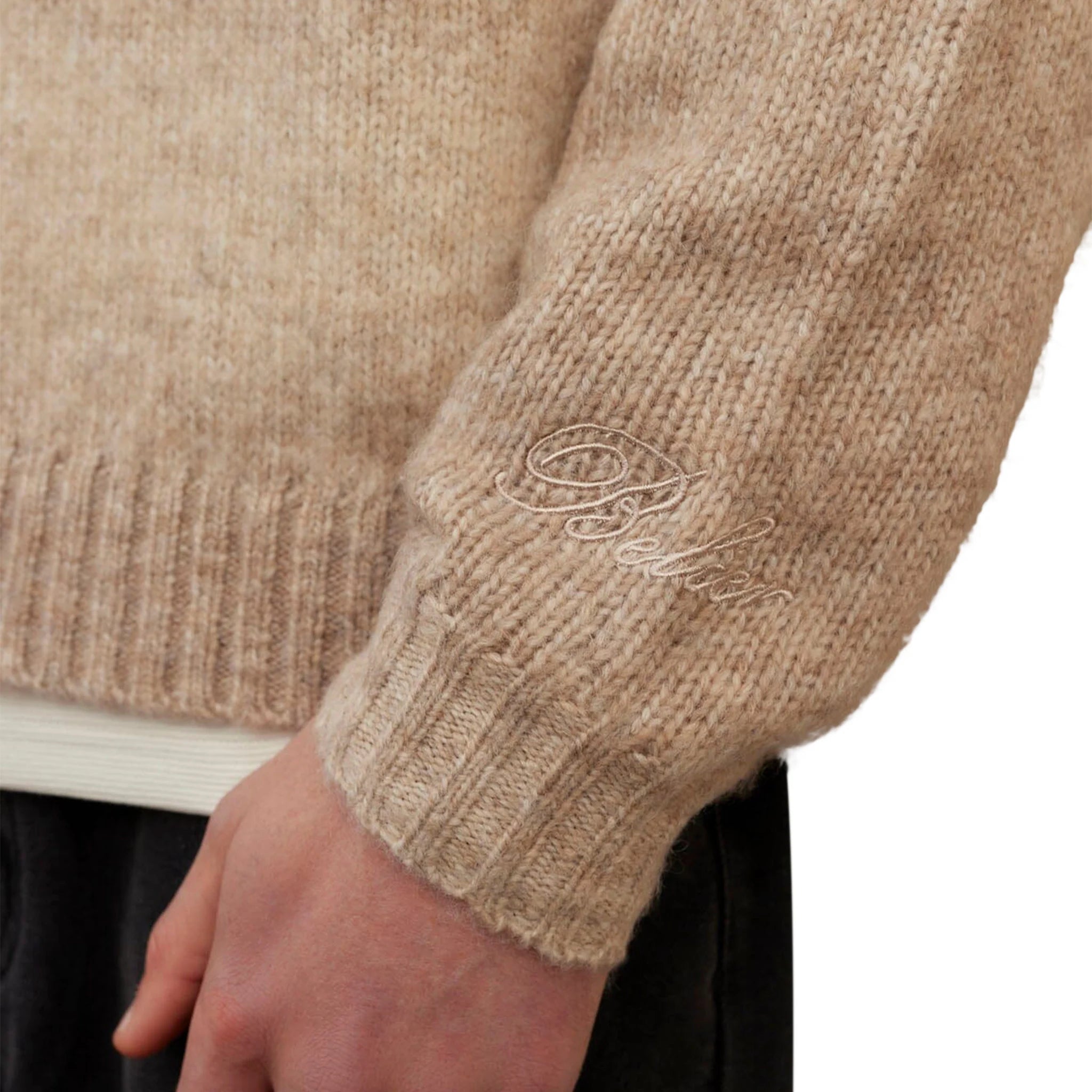 Model detail view of Belier Beige Ombre Knit Sweatshirt