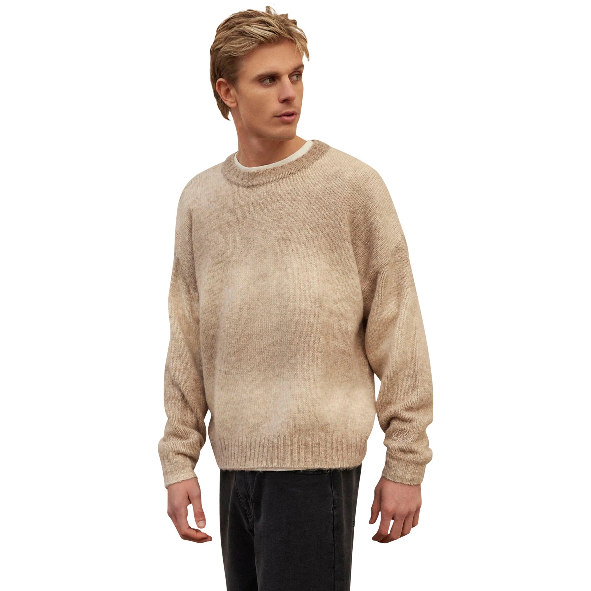 Model front view of Belier Beige Ombre Knit Sweatshirt