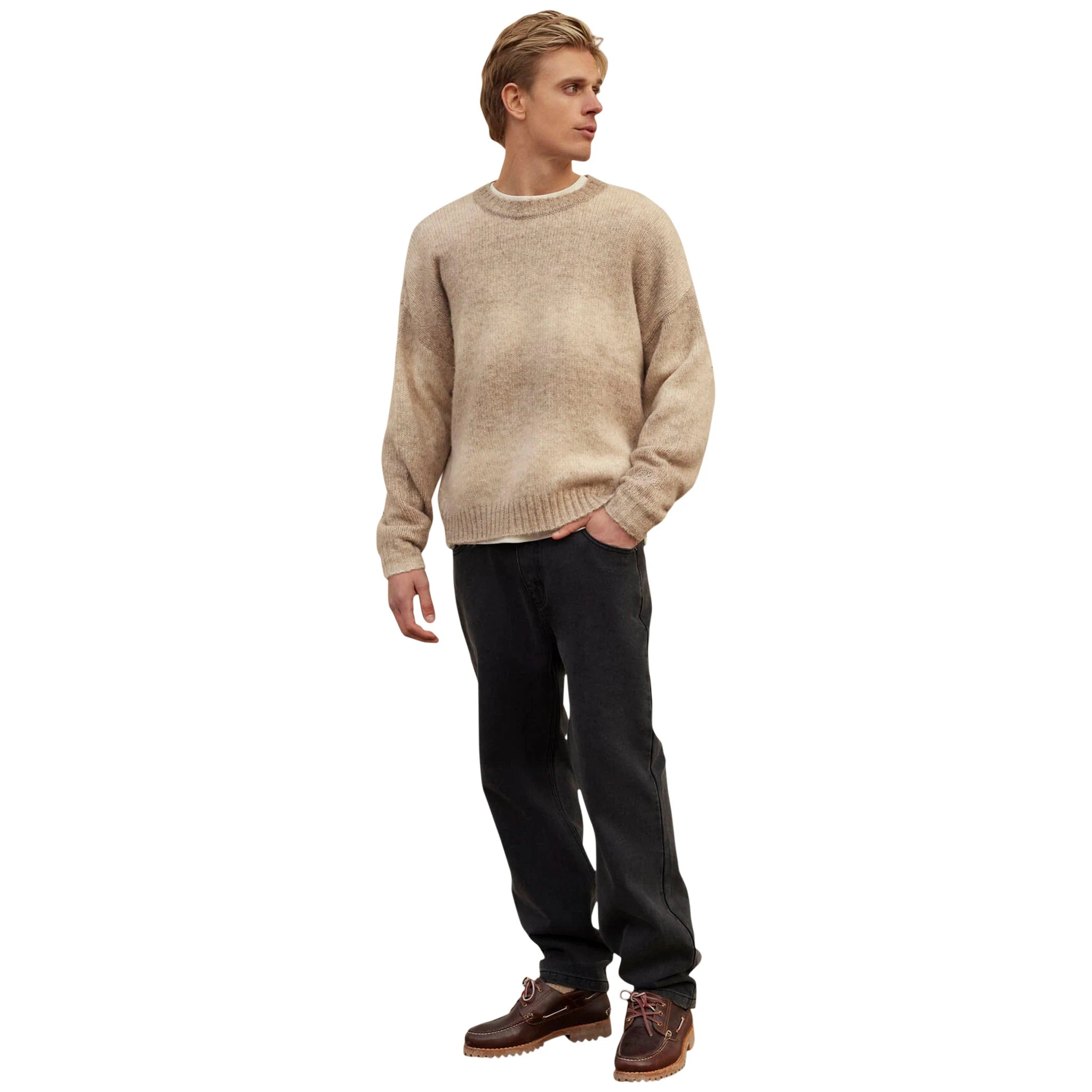 Model front view of Belier Beige Ombre Knit Sweatshirt