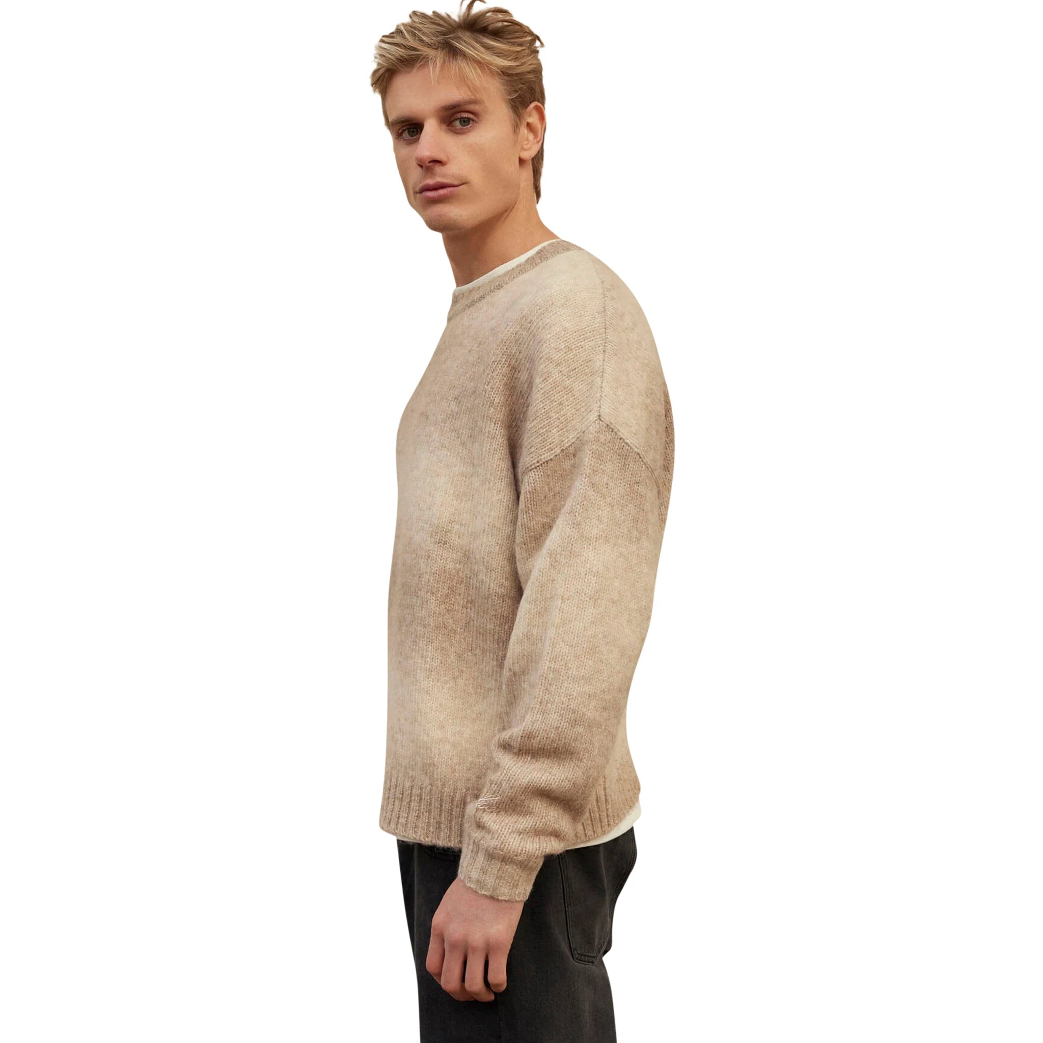 Model side view of Belier Beige Ombre Knit Sweatshirt