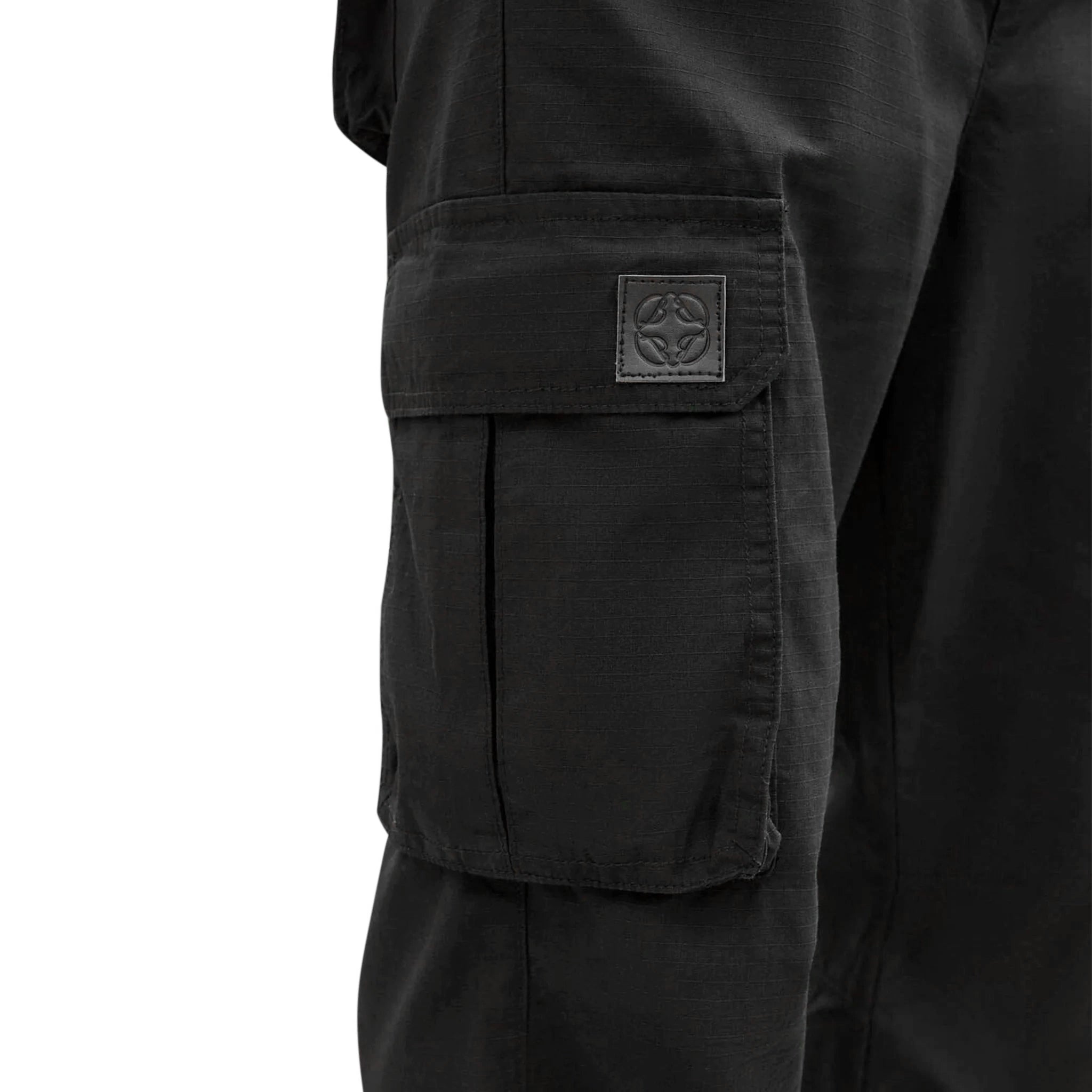 Model detail view of Belier Black Ripstop Cargo Pants