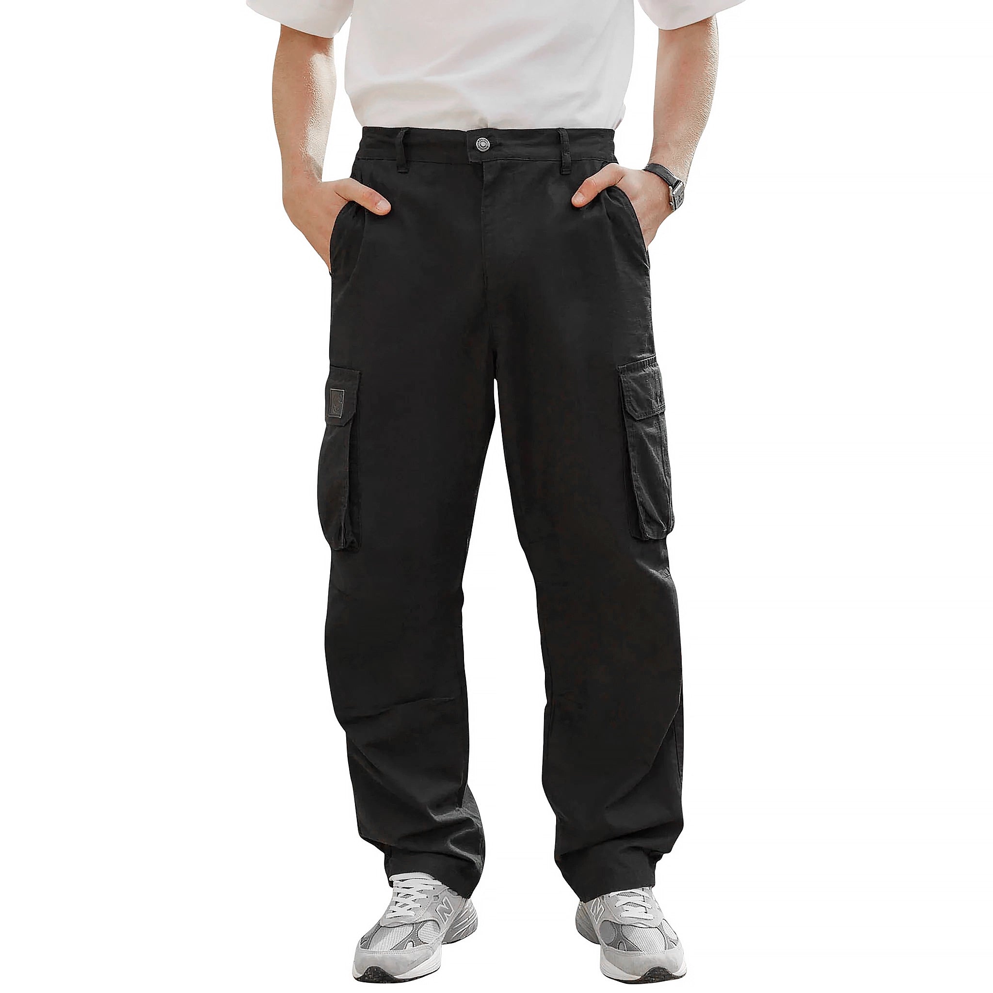 Model front view of Belier Black Ripstop Cargo Pants