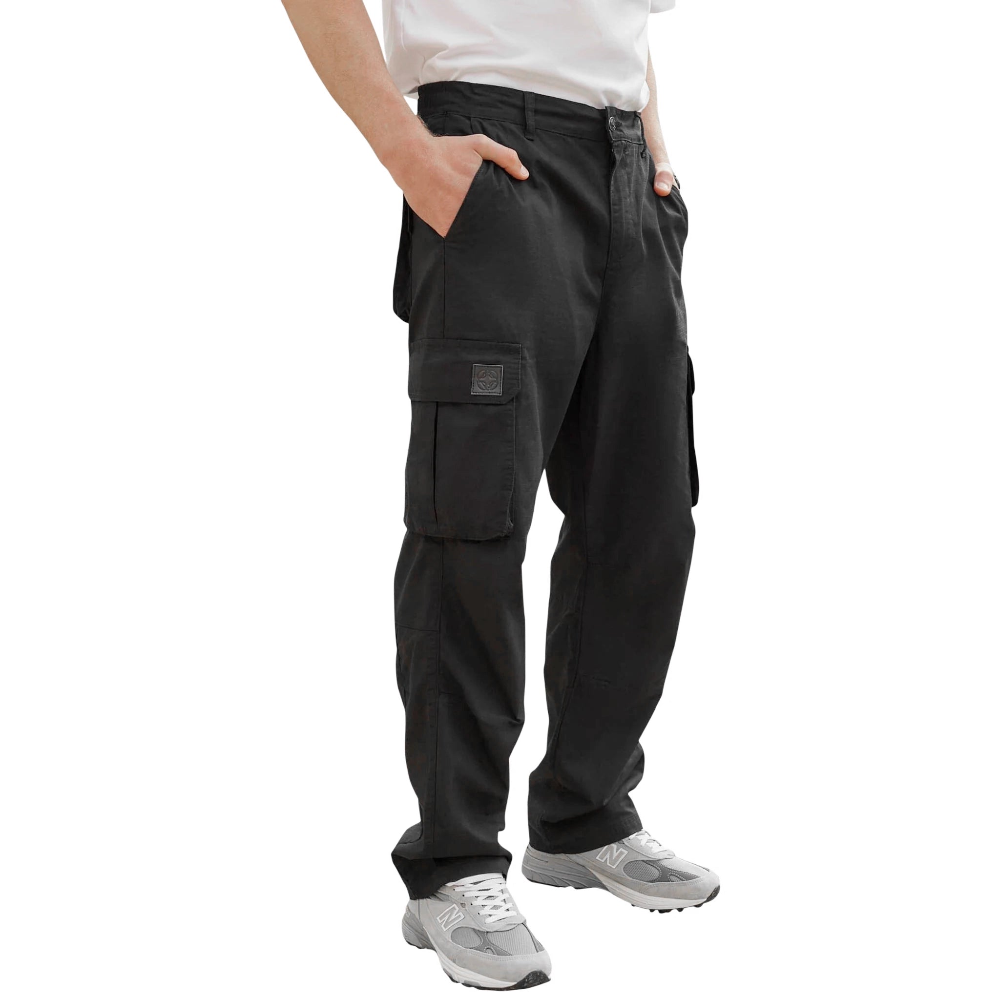 Model side view of Belier Black Ripstop Cargo Pants