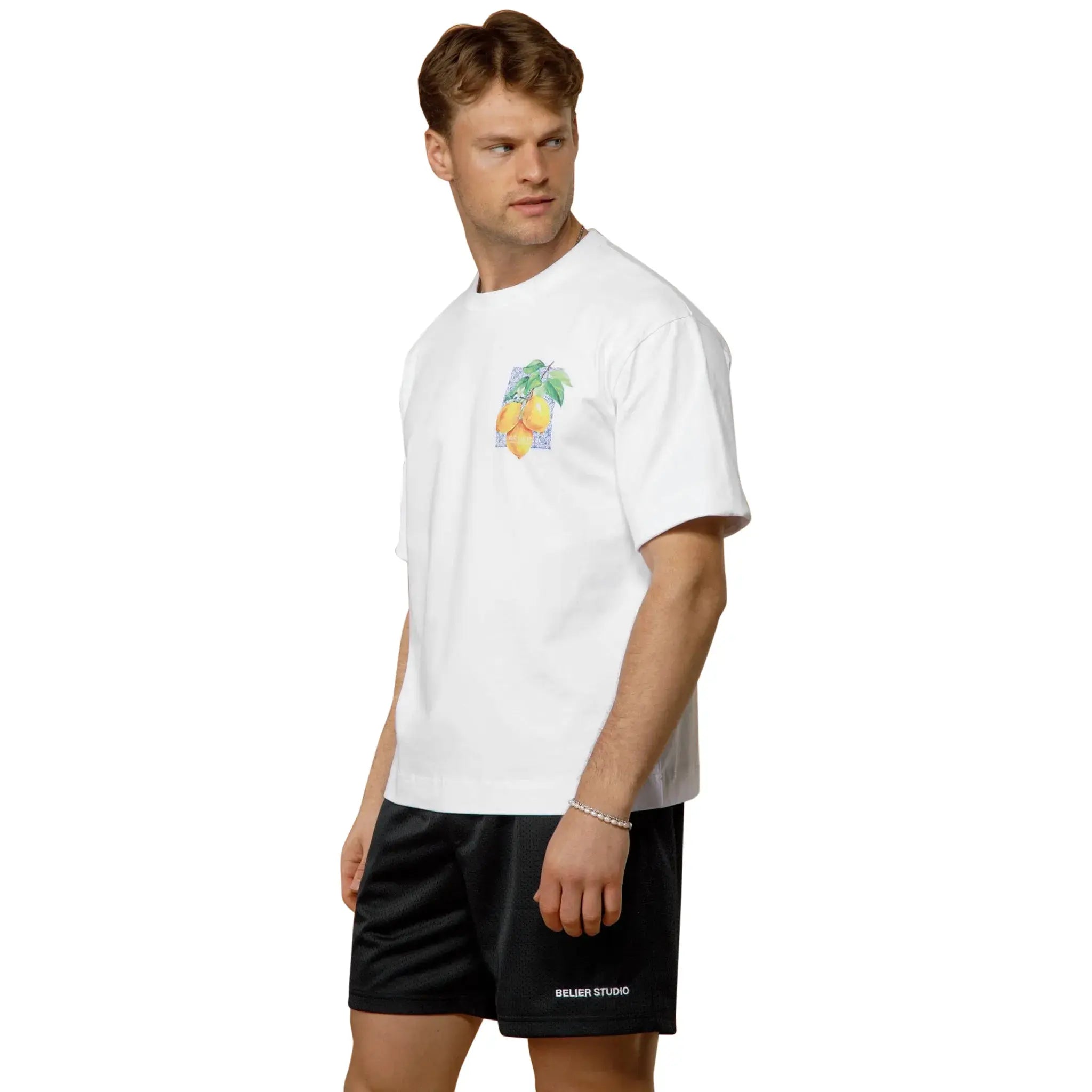 Model side view of Belier Citrus White T Shirt BM-213