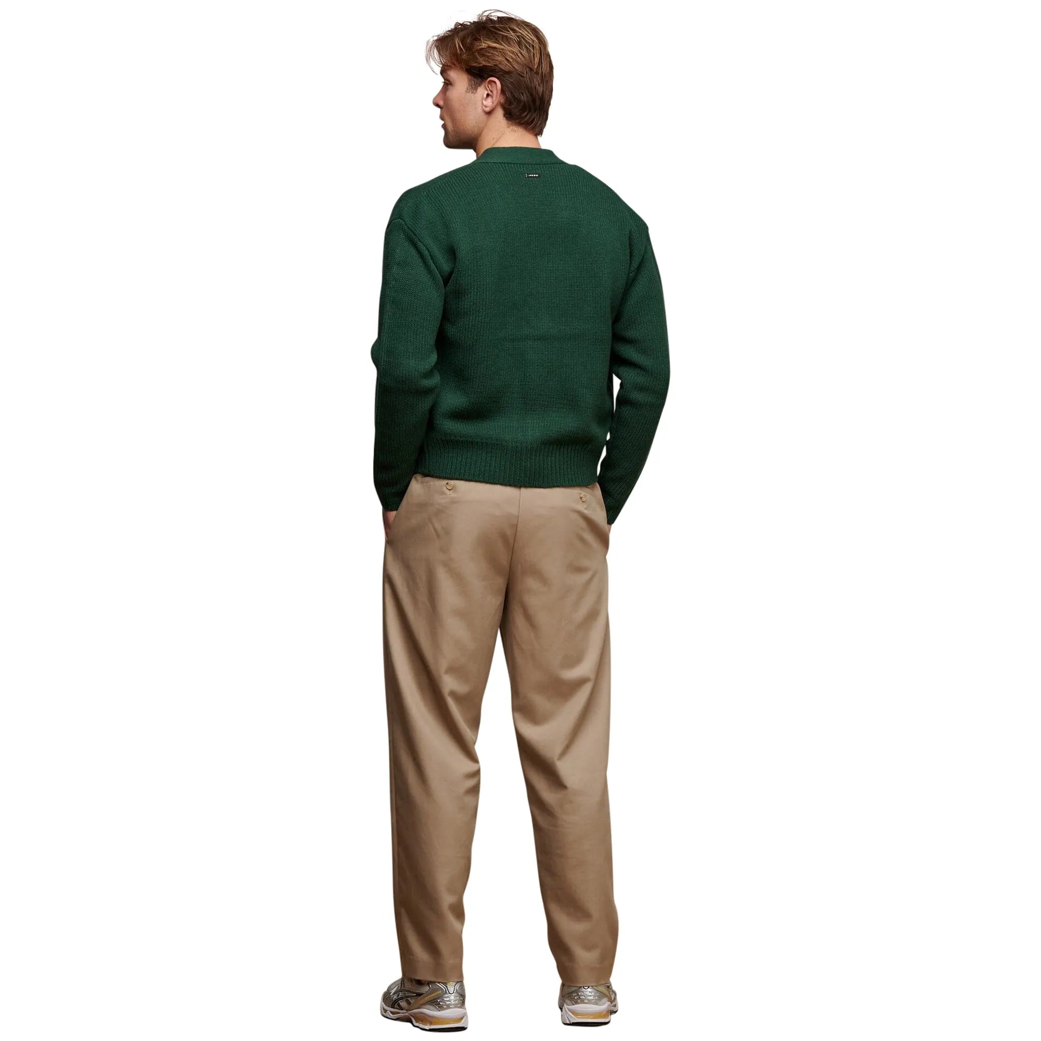 Model back view of Belier Green Relaxed Fit Knitted Cardigan