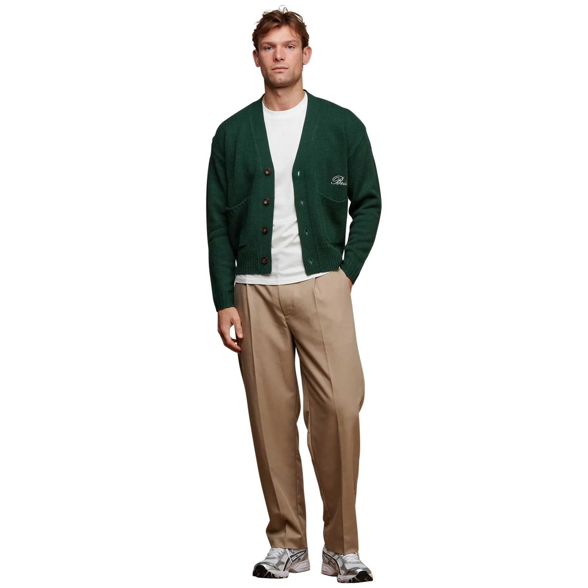 Model front view of Belier Green Relaxed Fit Knitted Cardigan