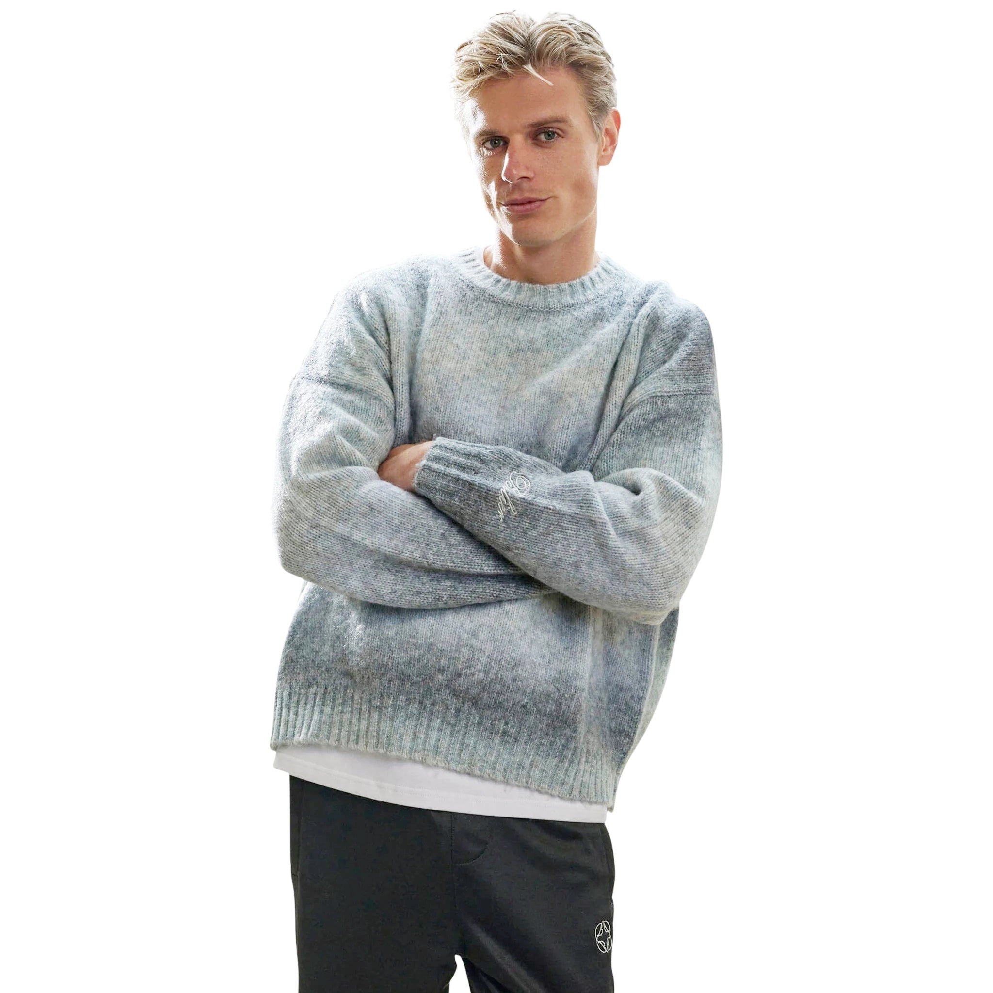 Model front view of Belier Ice Grey Ombre Knit Sweatshirt