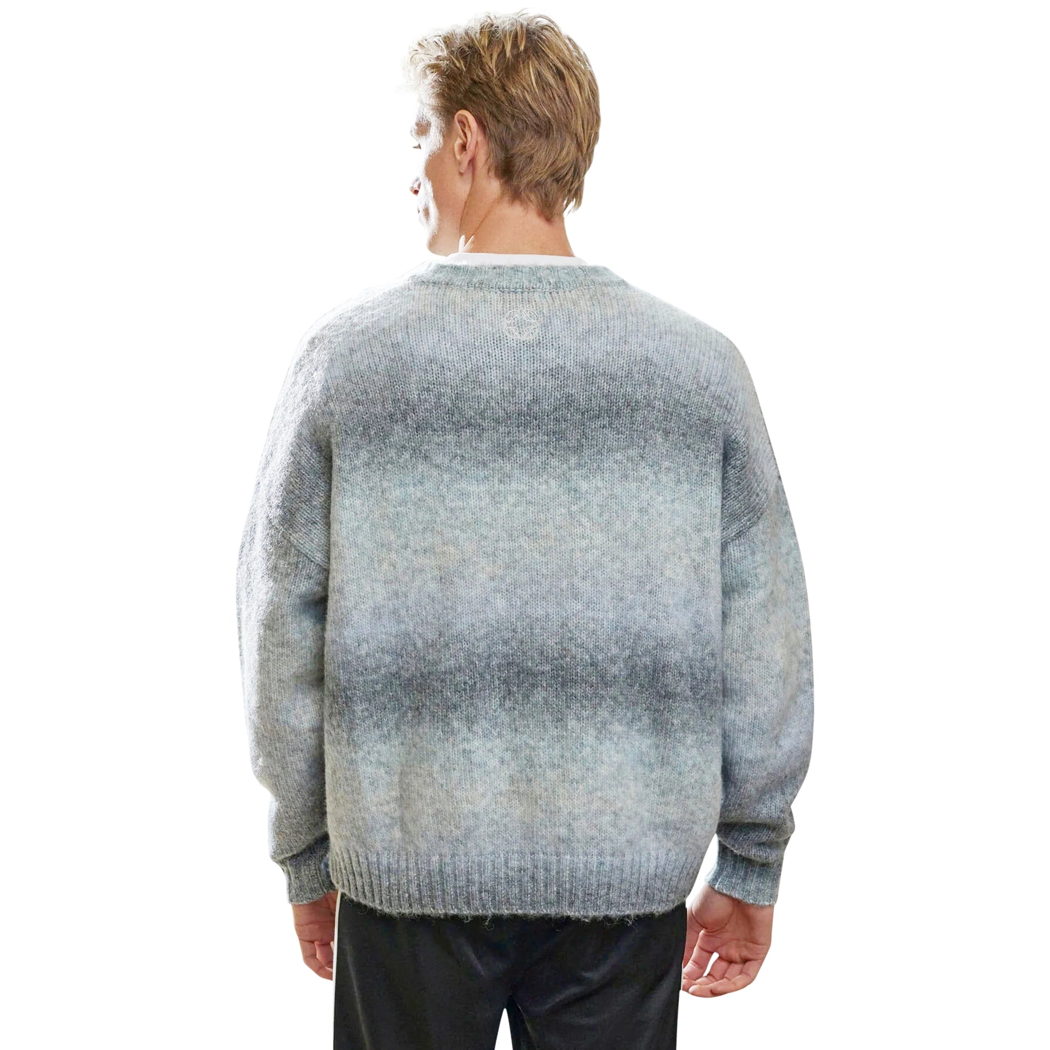 Model back view of Belier Ice Grey Ombre Knit Sweatshirt