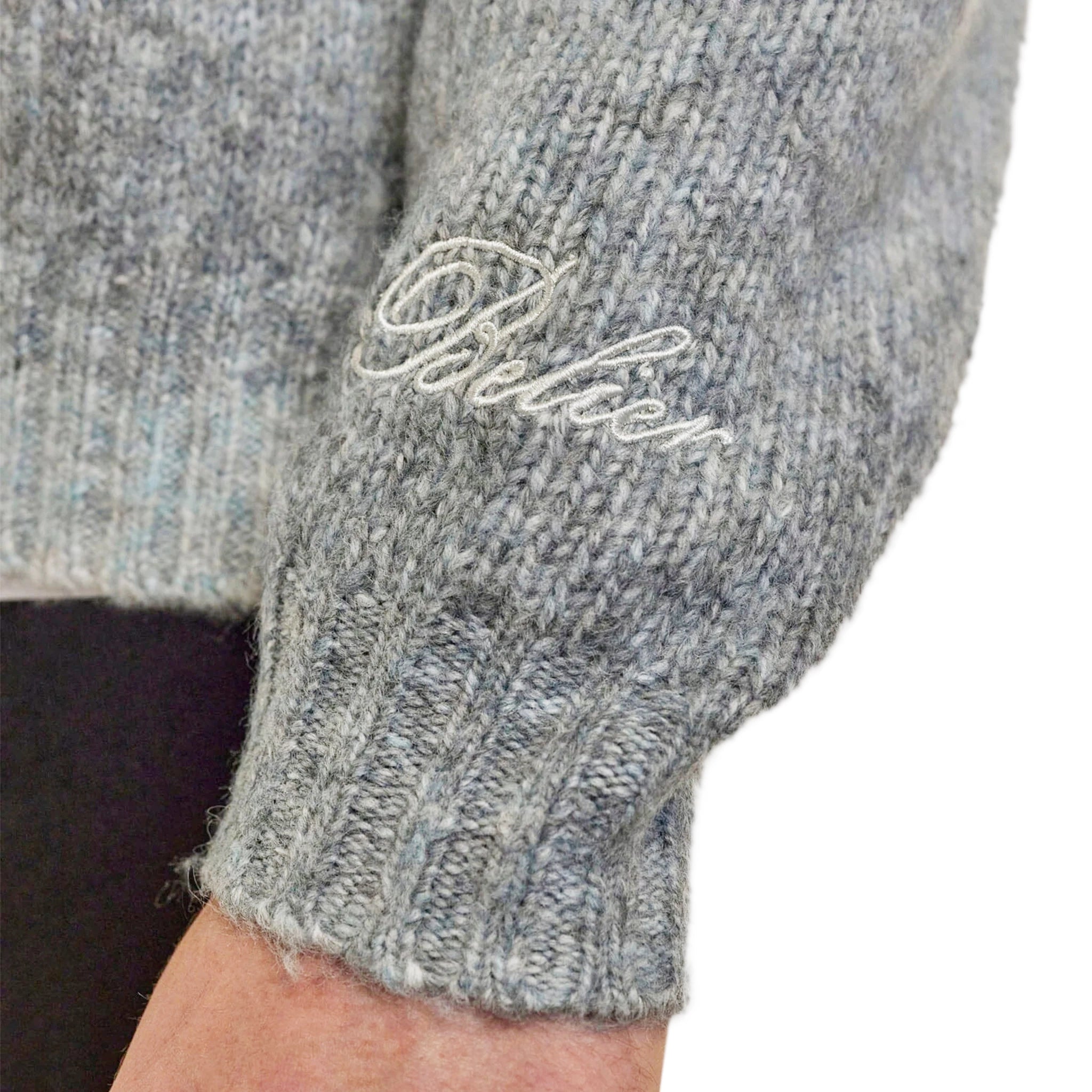 Model sleeve view of Belier Ice Grey Ombre Knit Sweatshirt