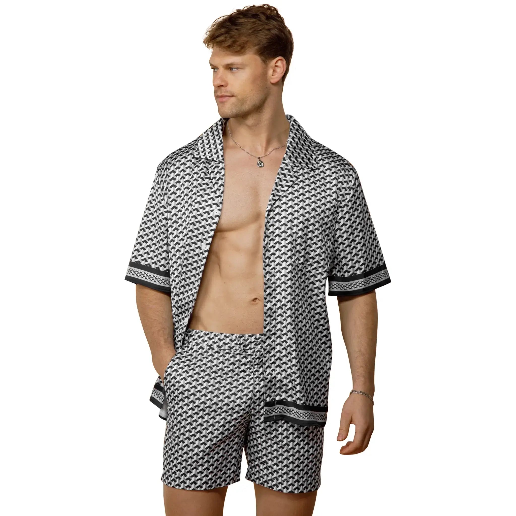 Model front view of Belier Illusion Print Contrast Panel Monochrome Resort Shirt BM-181