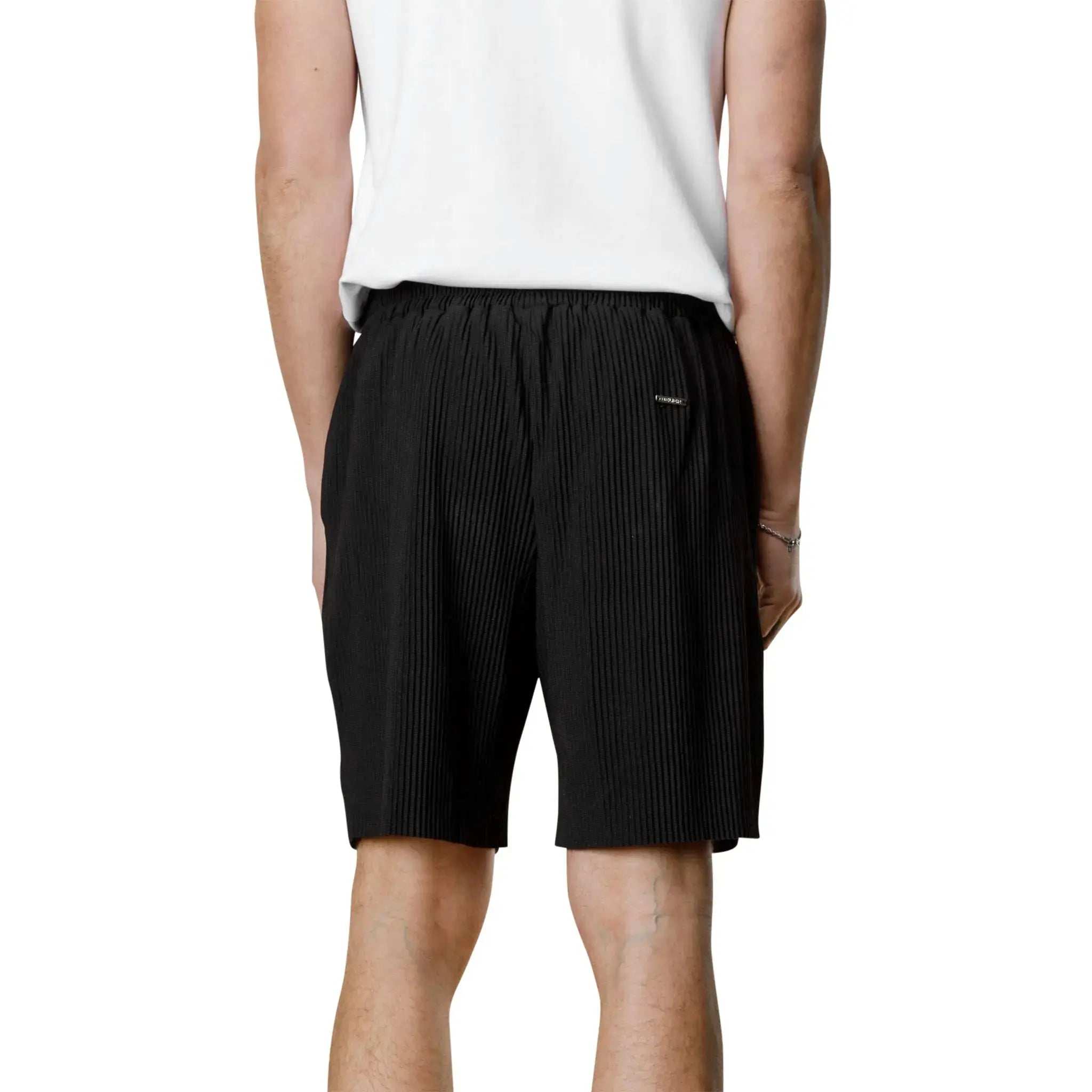 Model back view of Belier Pleated Black Resort Shirt & Shorts