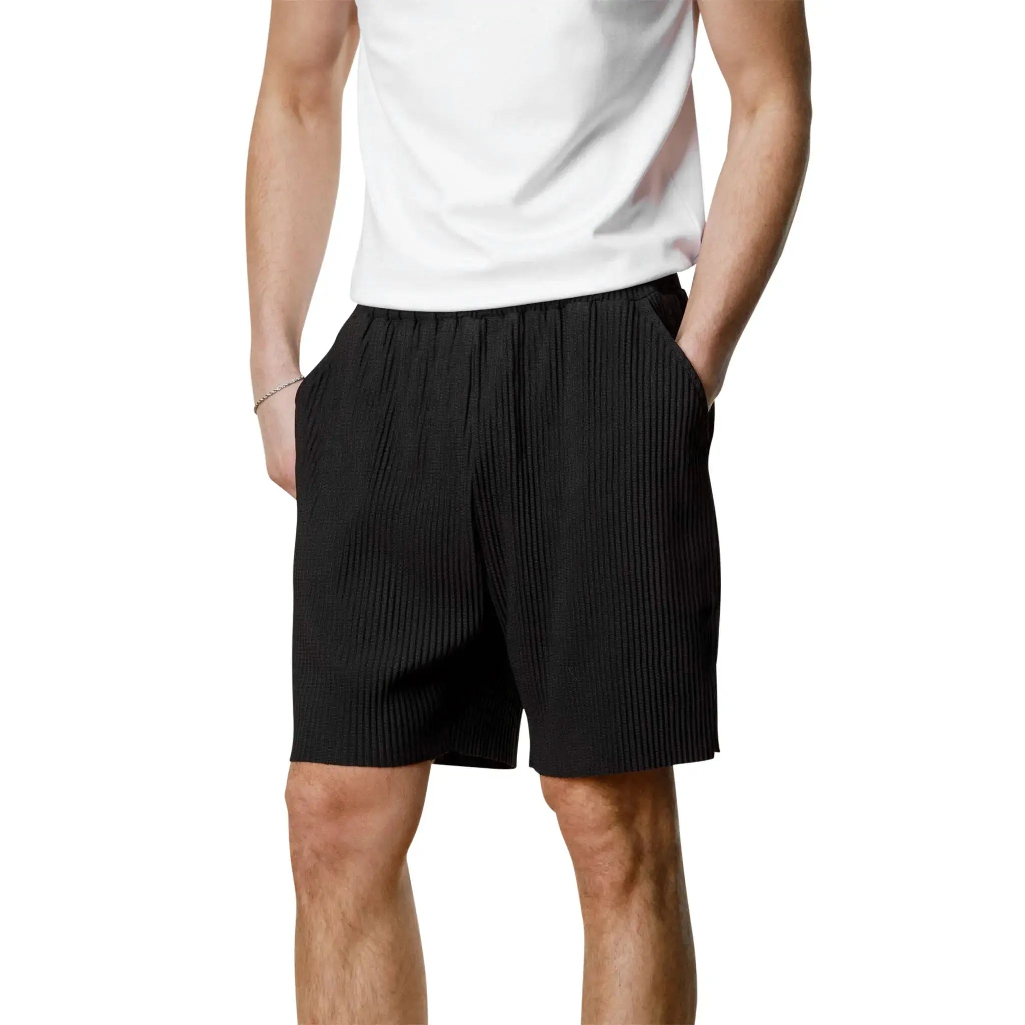 Model front view of Belier Pleated Black Resort Shirt & Shorts