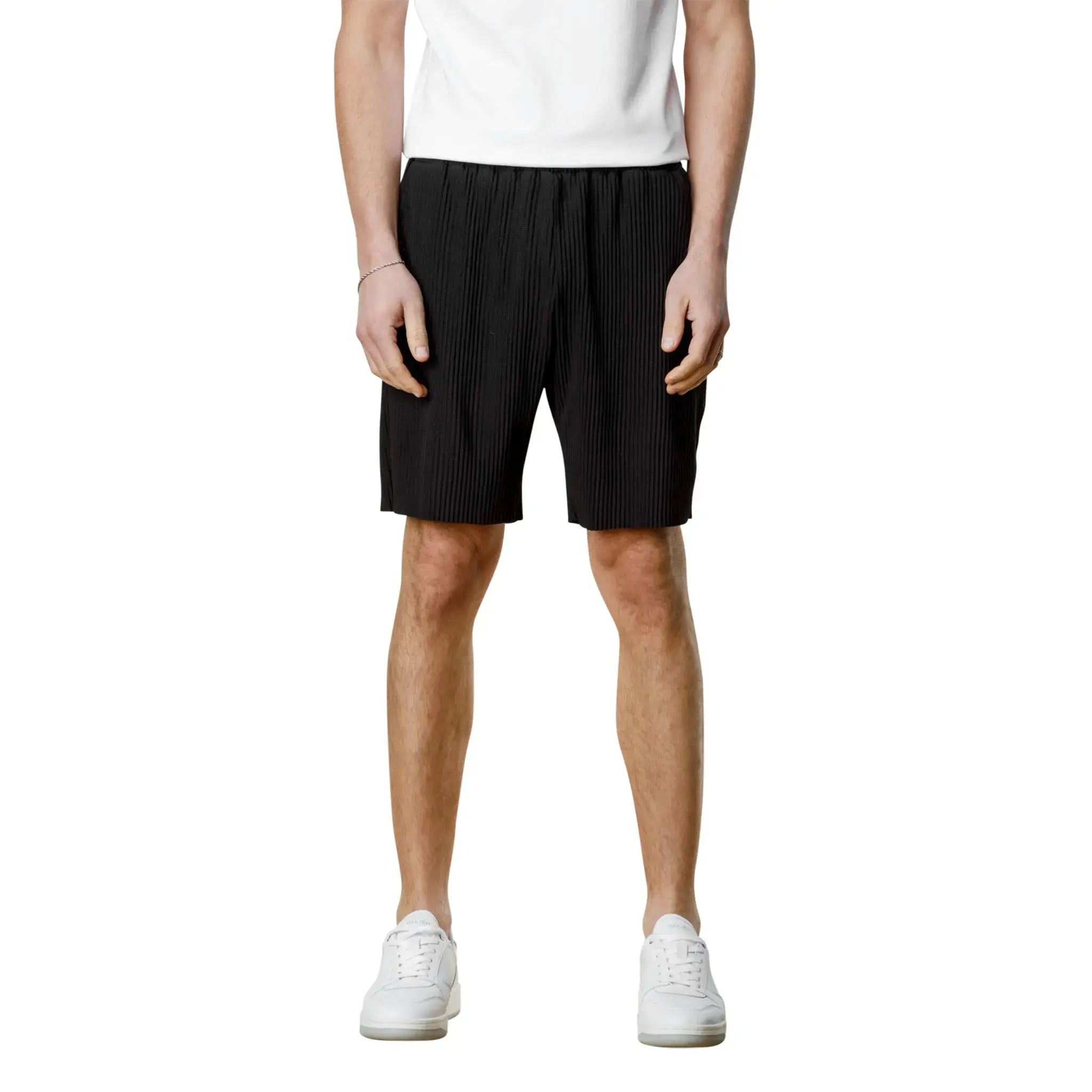 Model front view of Belier Pleated Black Resort Shirt & Shorts