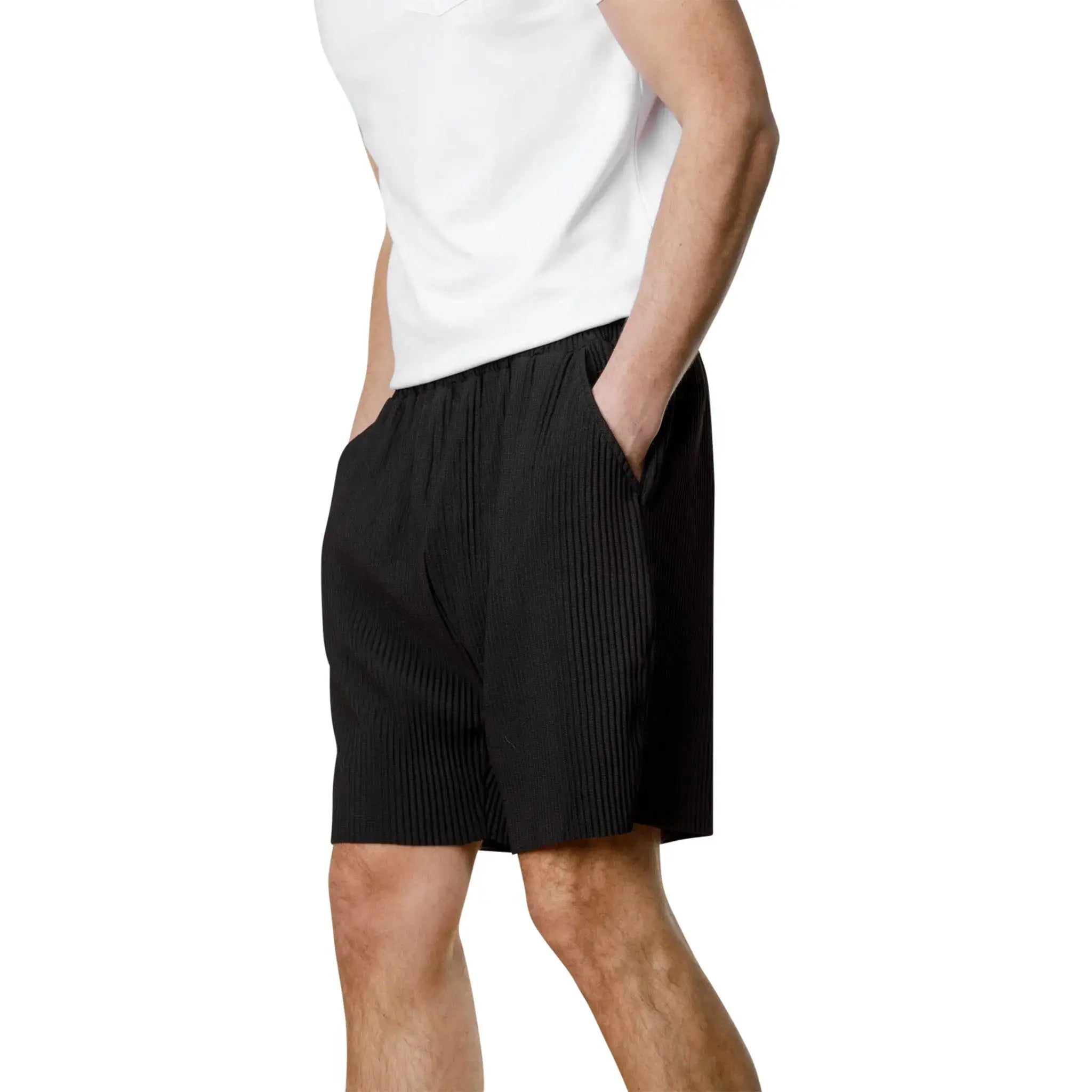 Model side view of Belier Pleated Black Resort Shirt & Shorts