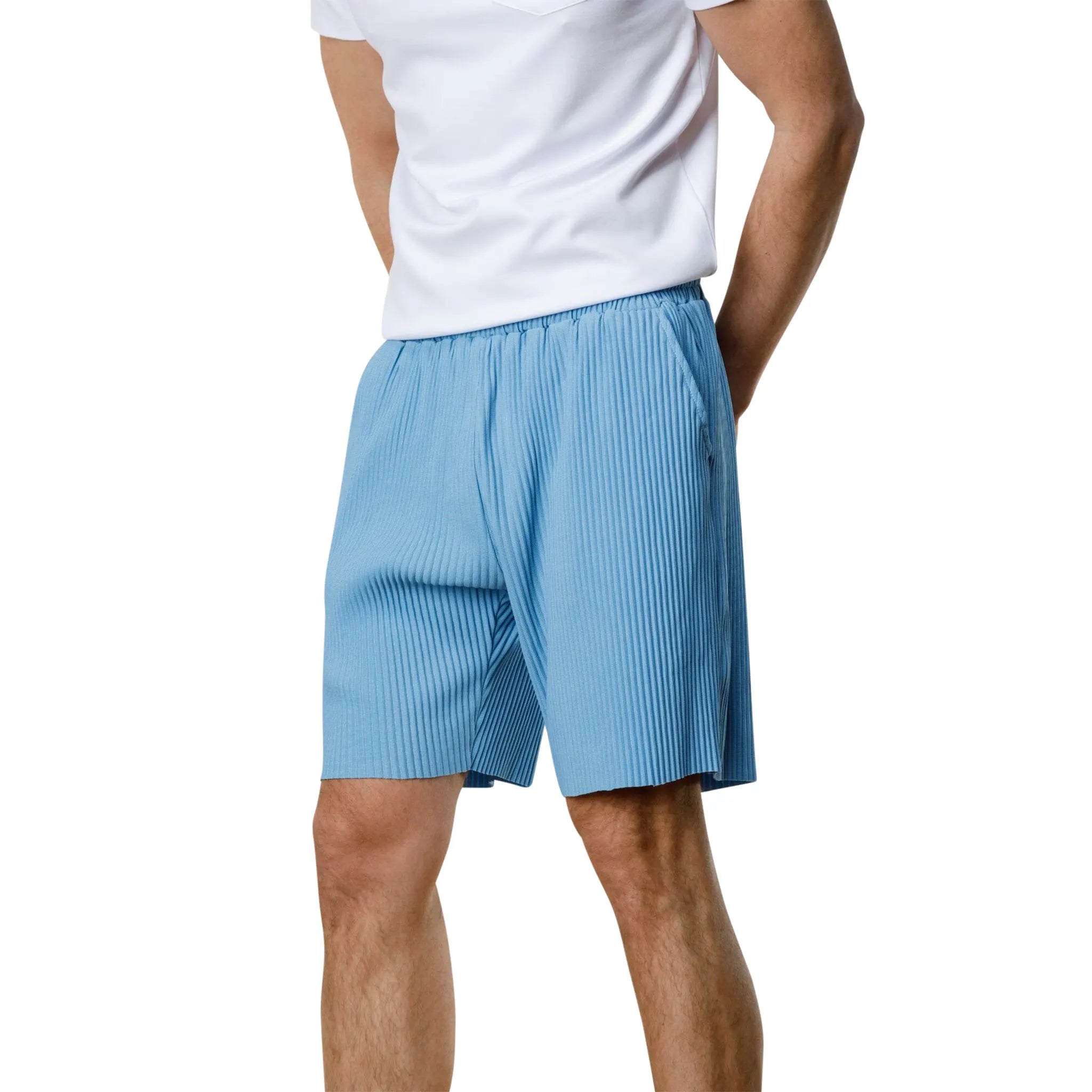Model Front view of Belier Pleated Light Blue Shorts BM-075