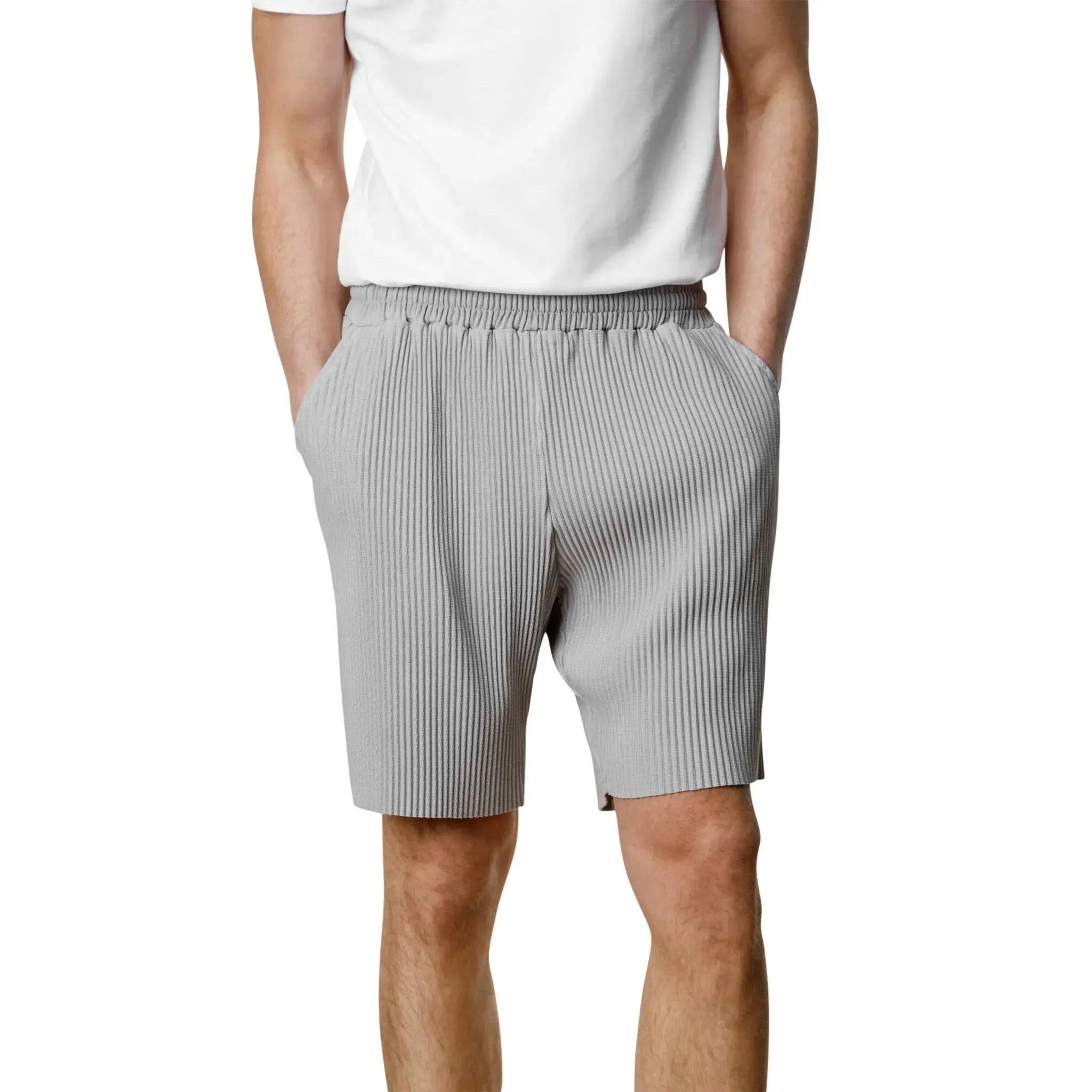 Model front view of Belier Pleated Light Grey Resort Shirt & Shorts 