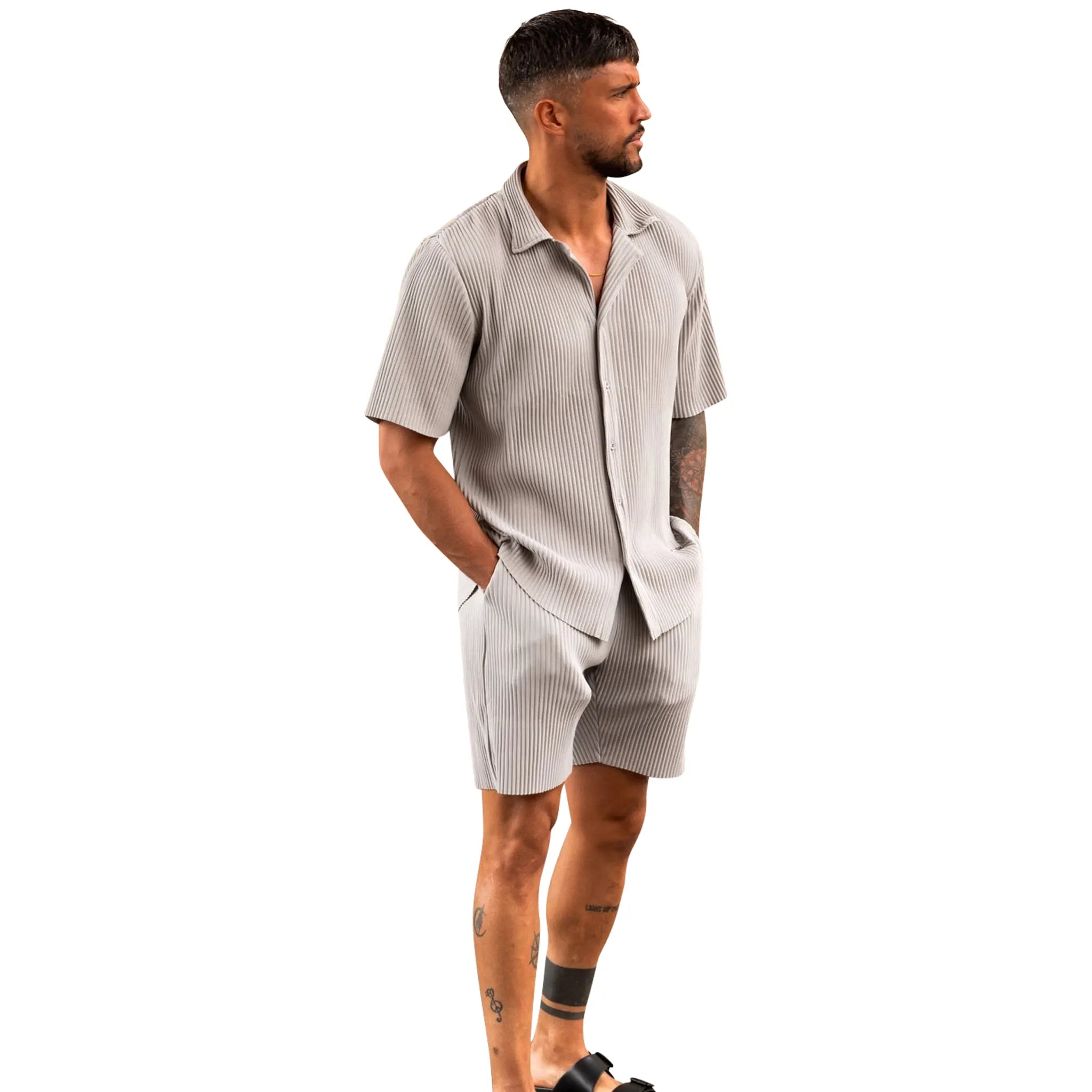 Model Front Side view of Belier Pleated Light Grey Shorts BM-075