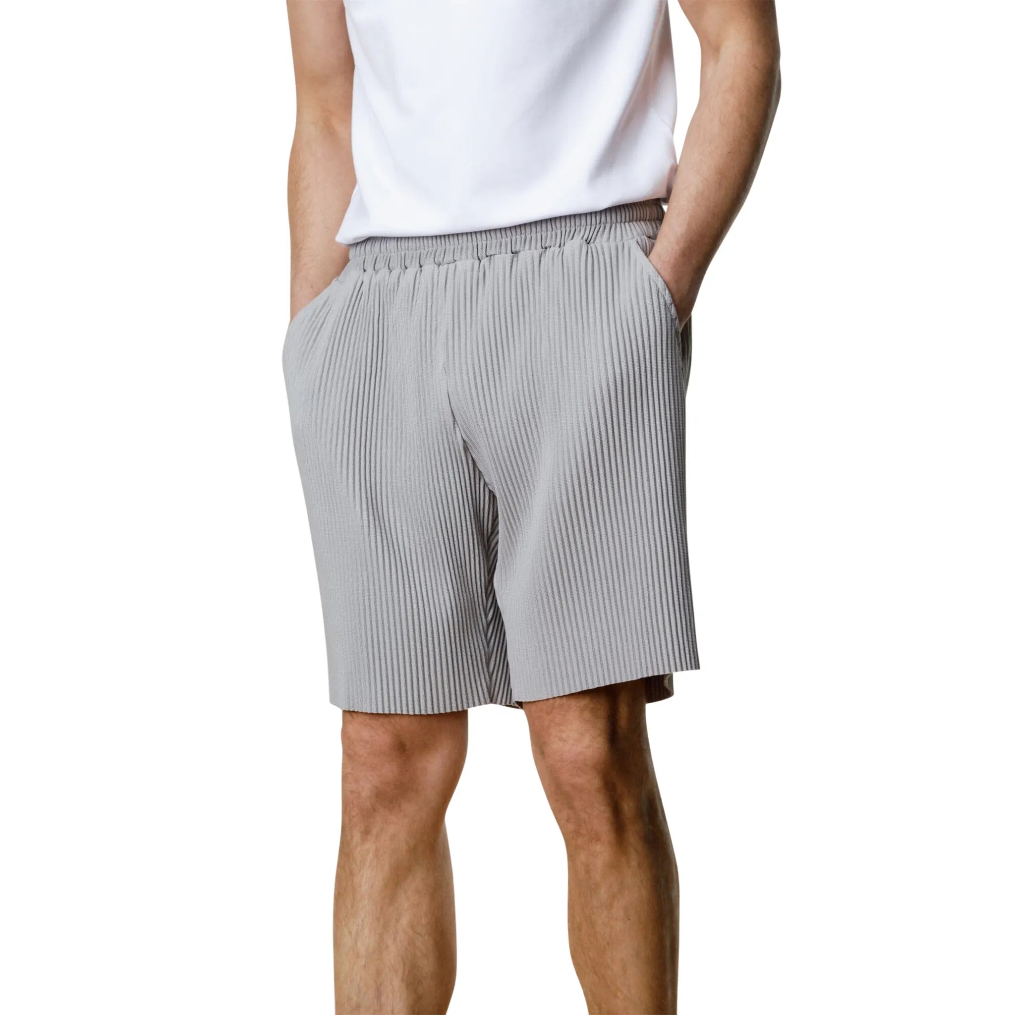 Model Front view of Belier Pleated Light Grey Shorts BM-075