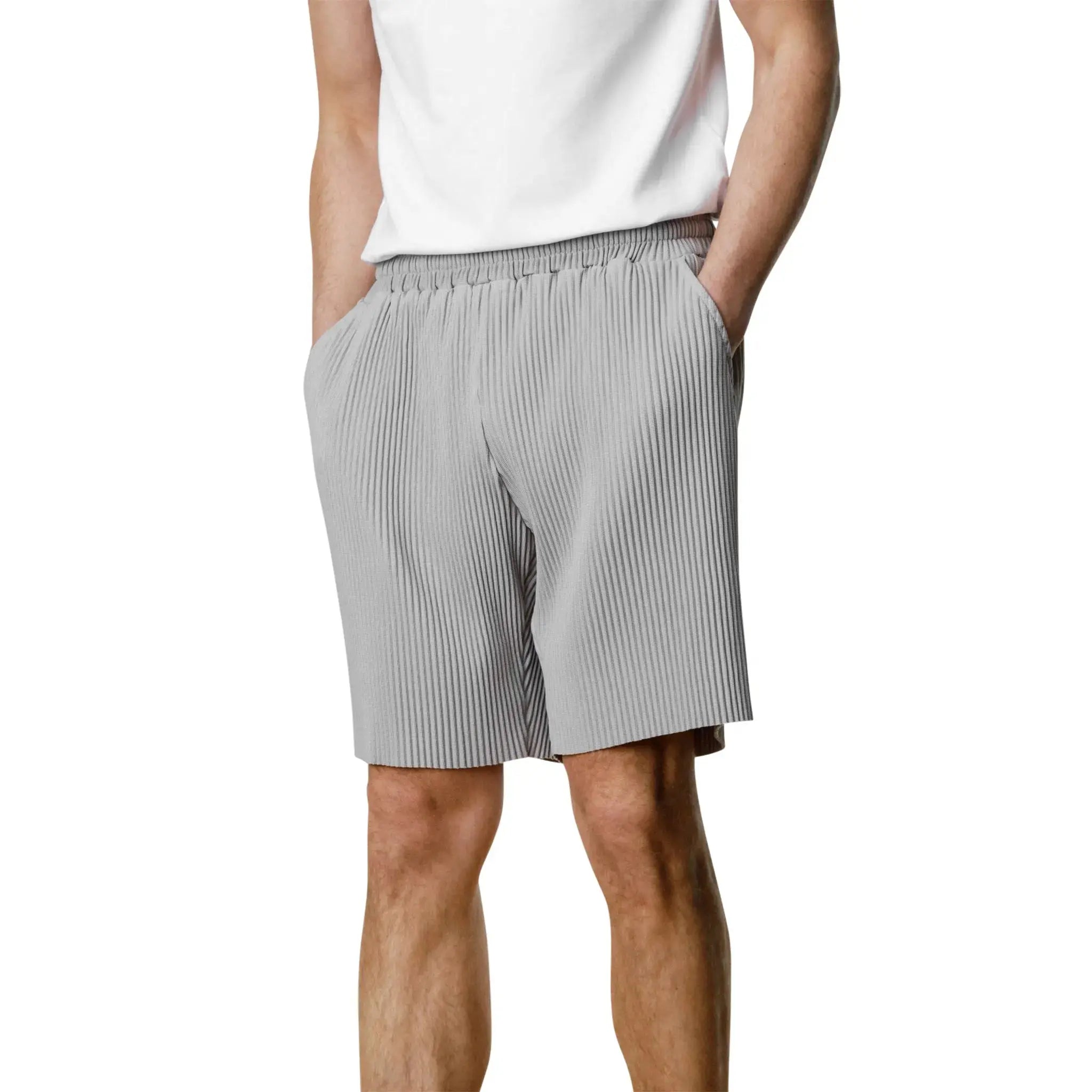 Model front side view of Belier Pleated Light Grey Resort Shirt & Shorts 