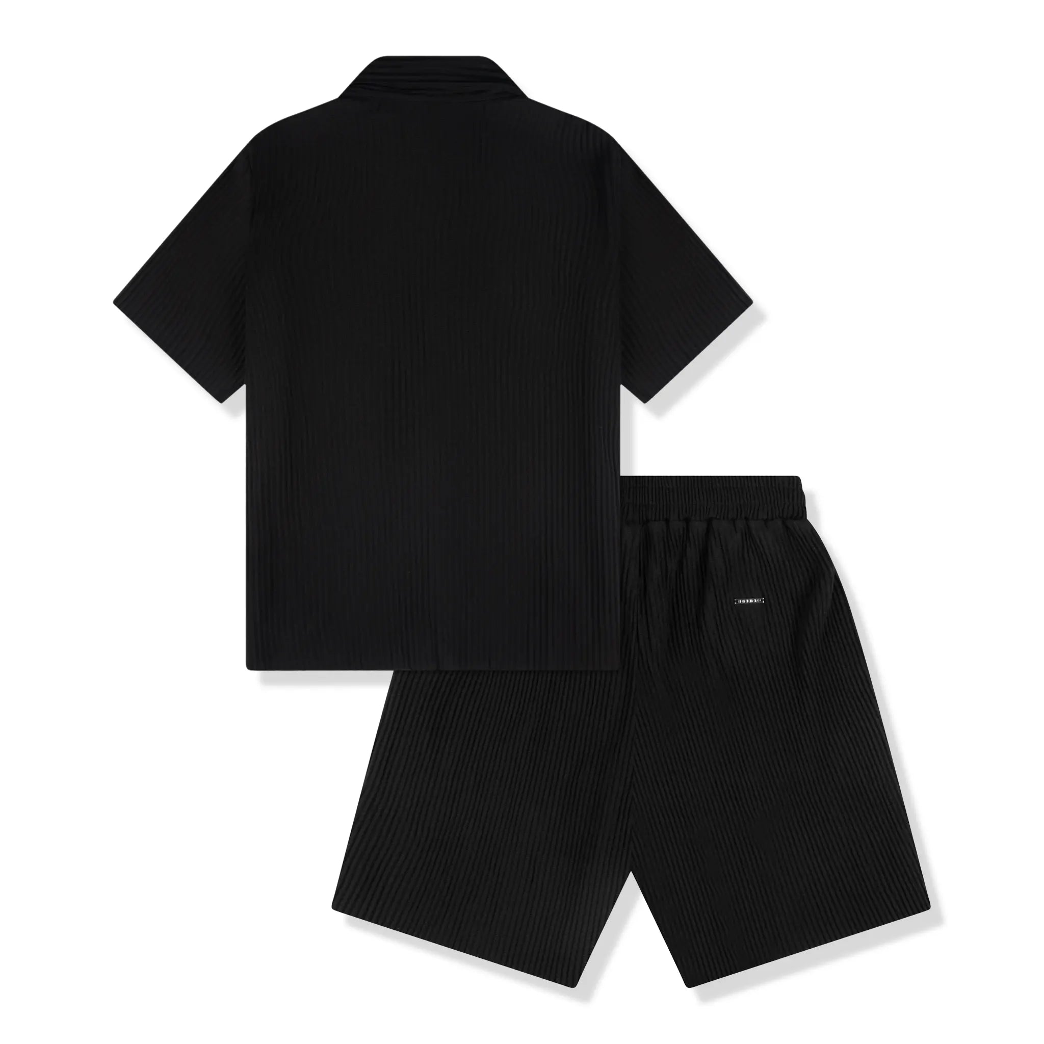 Back view of Belier Pleated Black Resort Shirt & Shorts