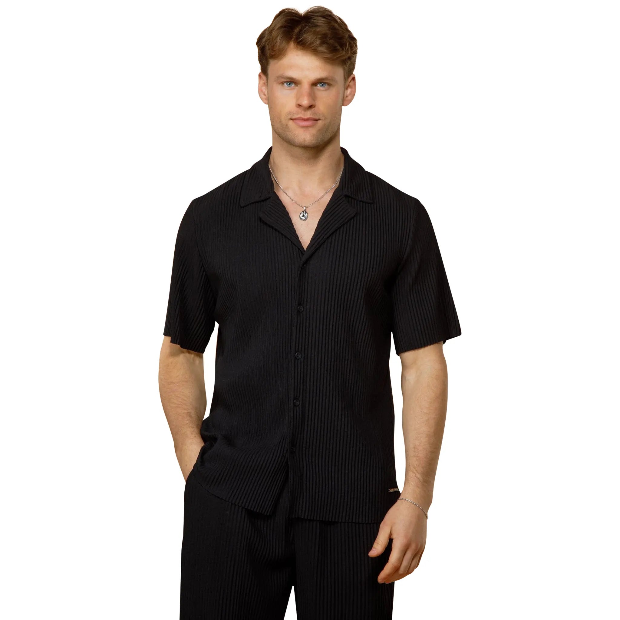 Model front view of Belier Pleated Black Resort Shirt & Shorts