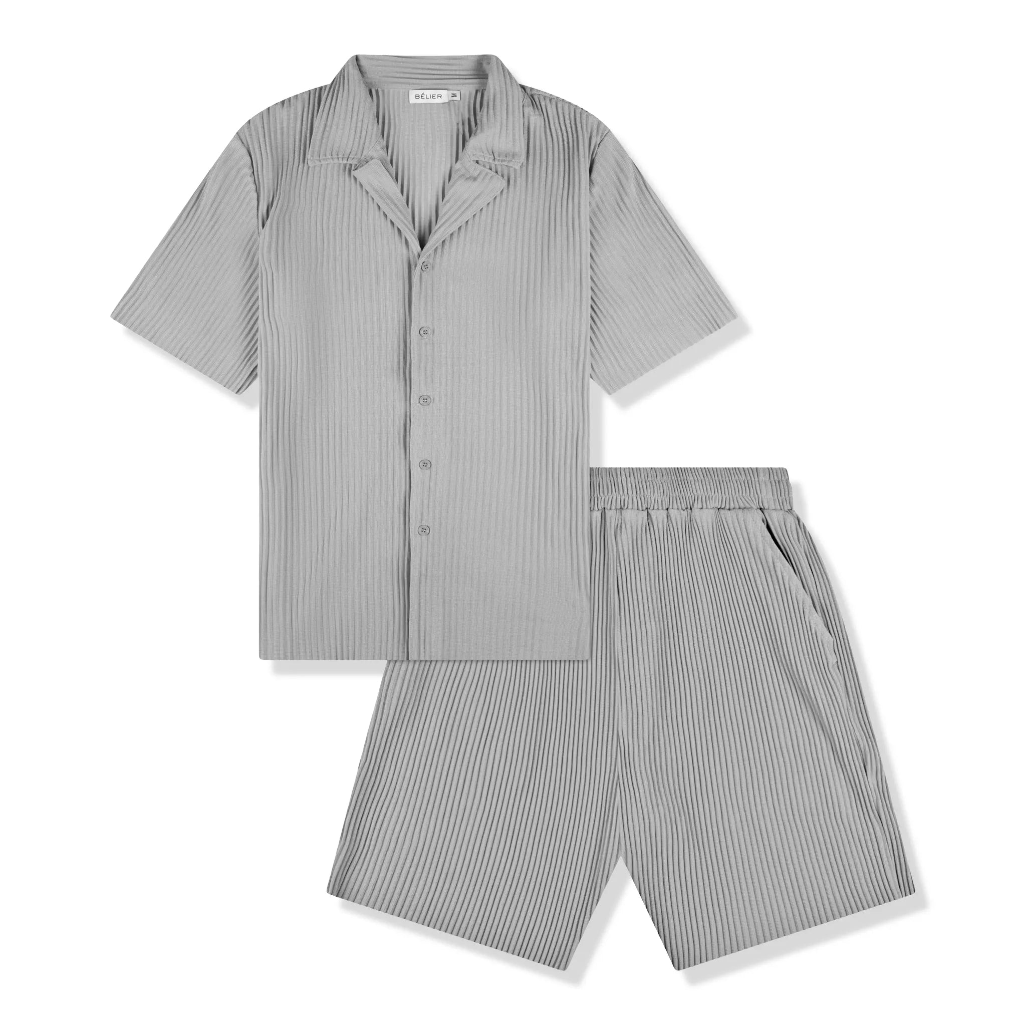 Front view of Belier Pleated Light Grey Resort Shirt & Shorts 