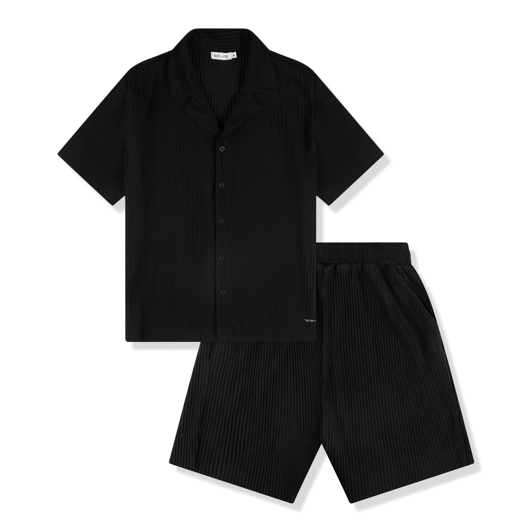 Front view of Belier Pleated Black Resort Shirt & Shorts