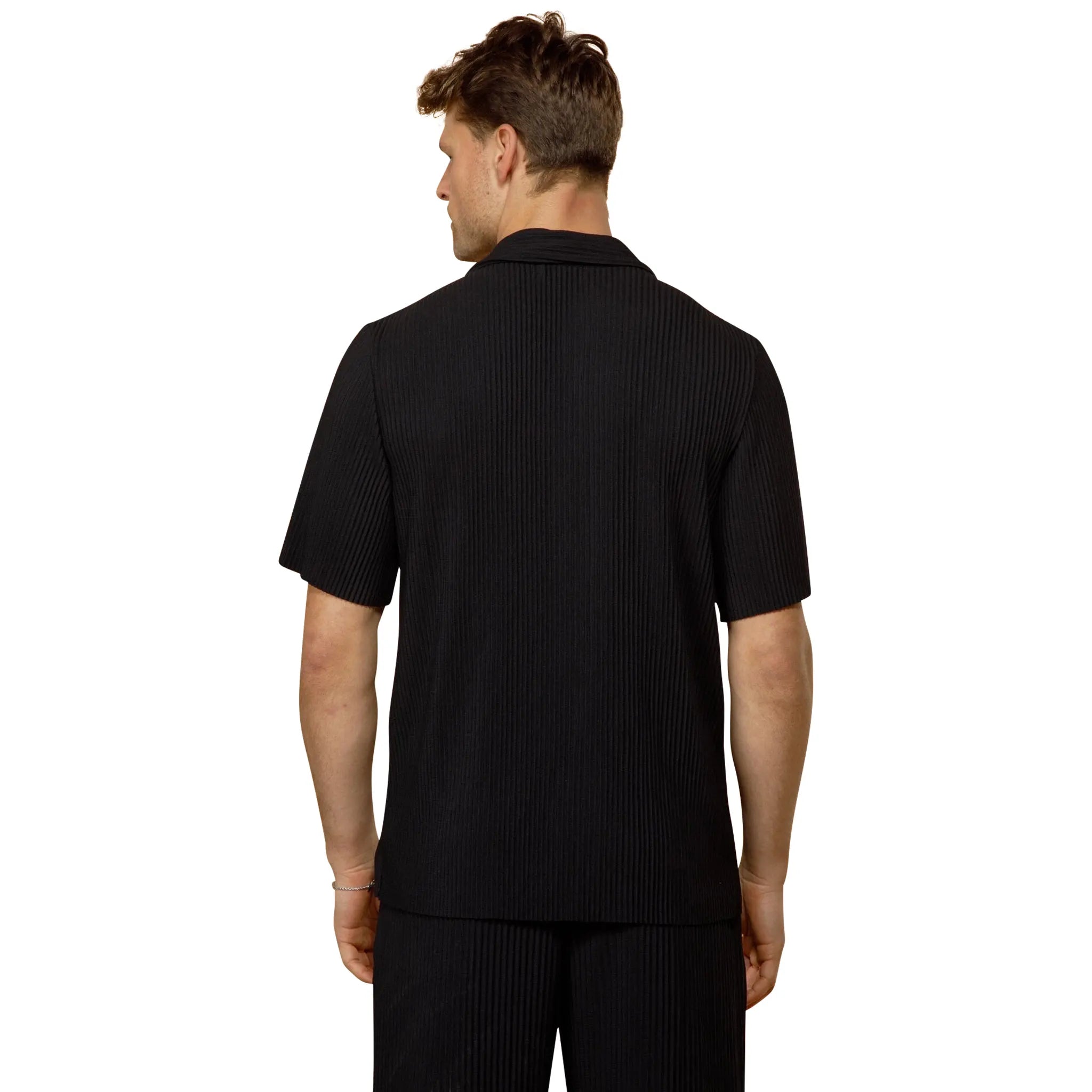 Model Back view of Belier Pleated Short Sleeve Black Resort Shirt BM-073