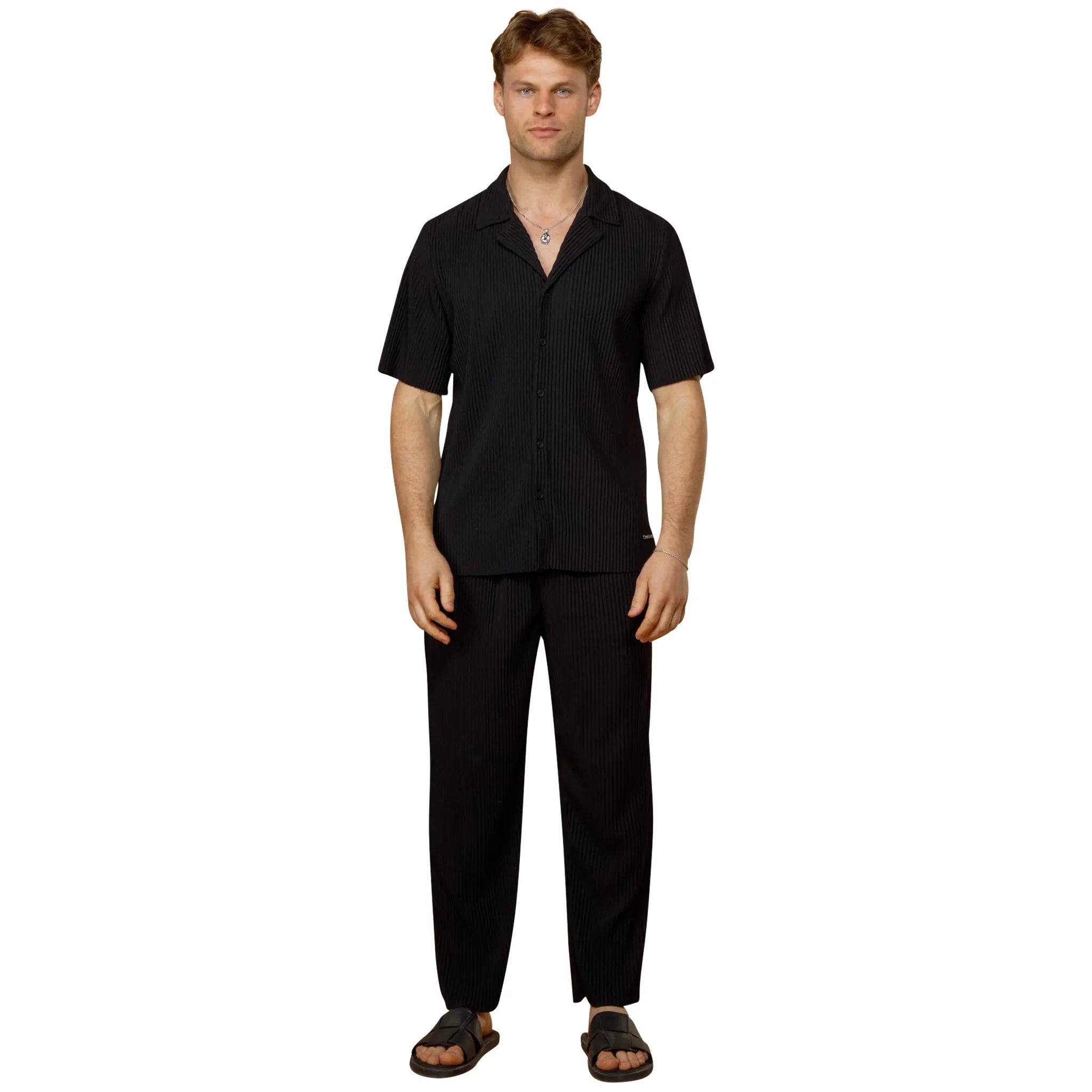 Model view of Belier Pleated Black Resort Shirt & Shorts