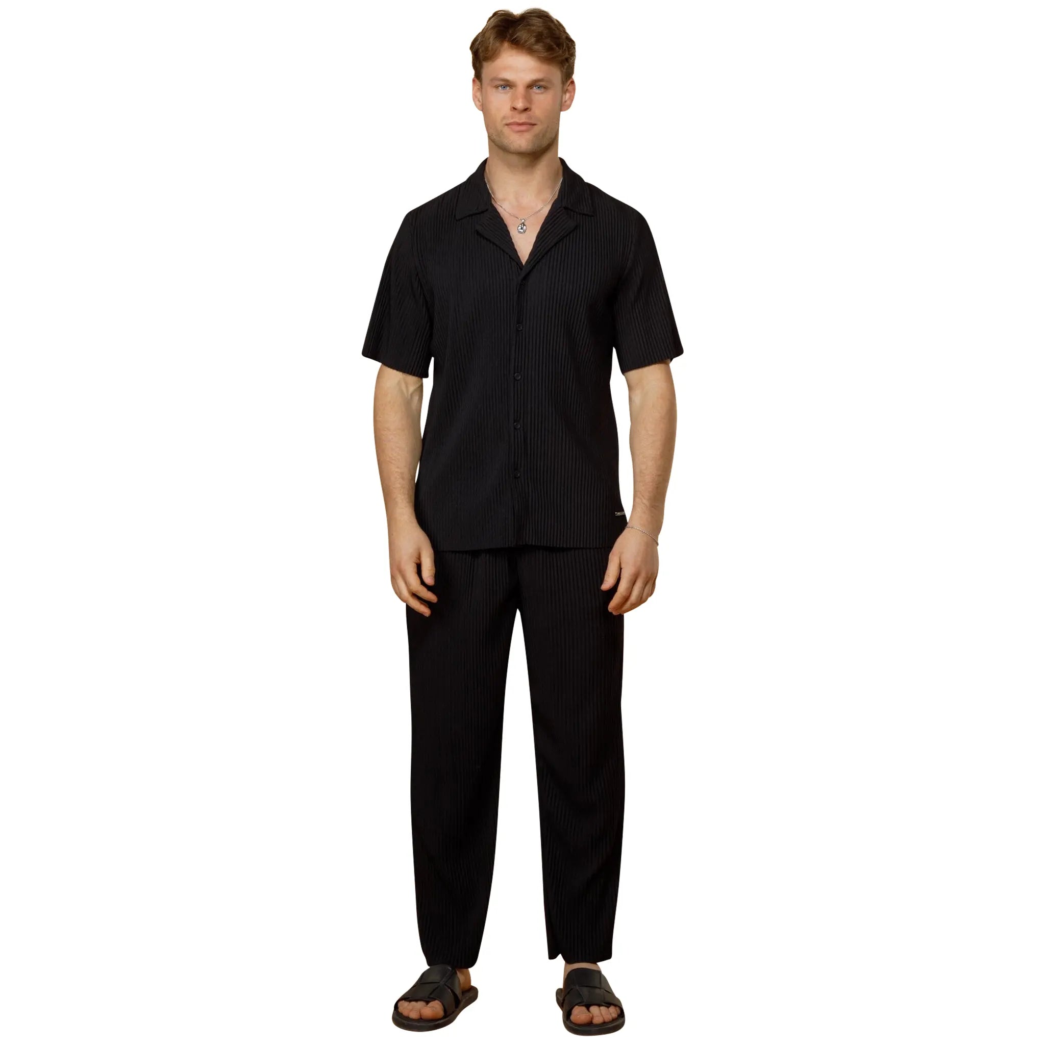 Model Front view of Belier Pleated Short Sleeve Black Resort Shirt BM-073