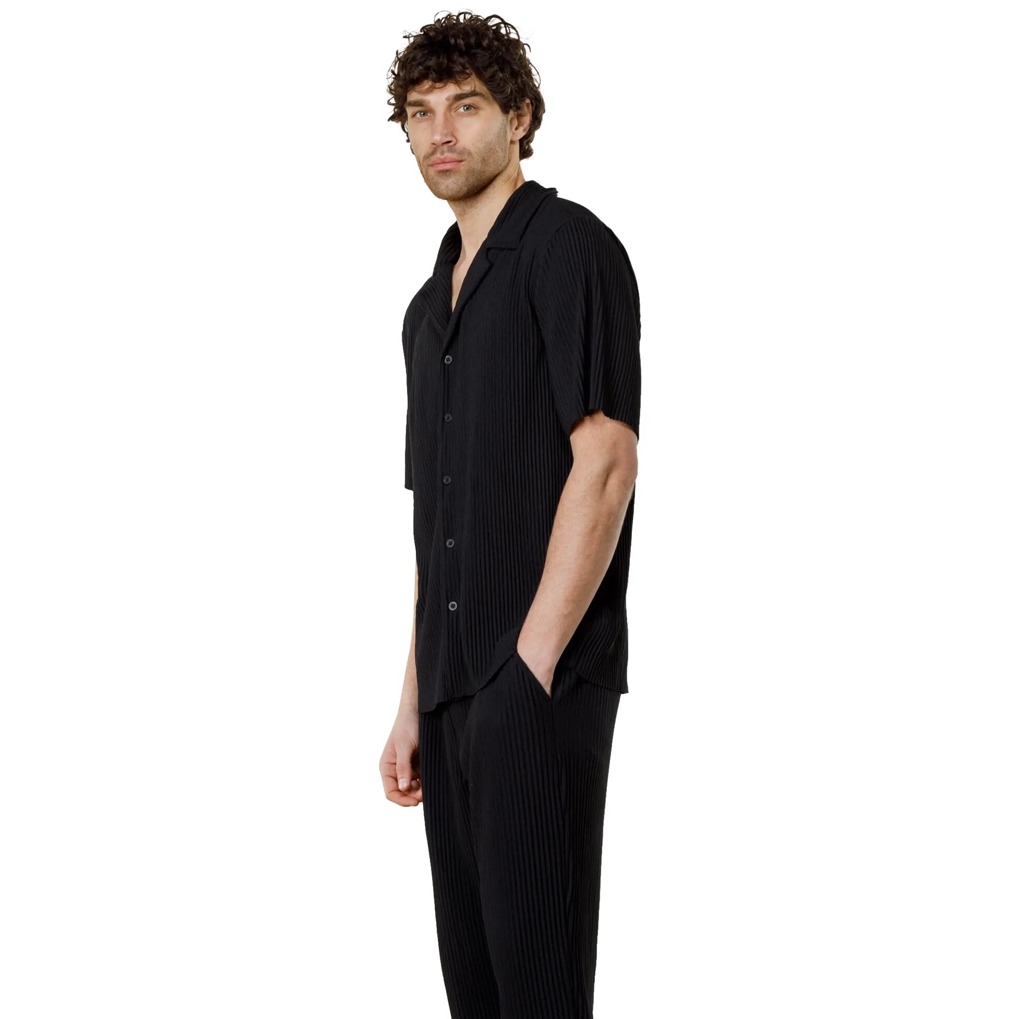 Model Side view of Belier Pleated Short Sleeve Black Resort Shirt BM-073