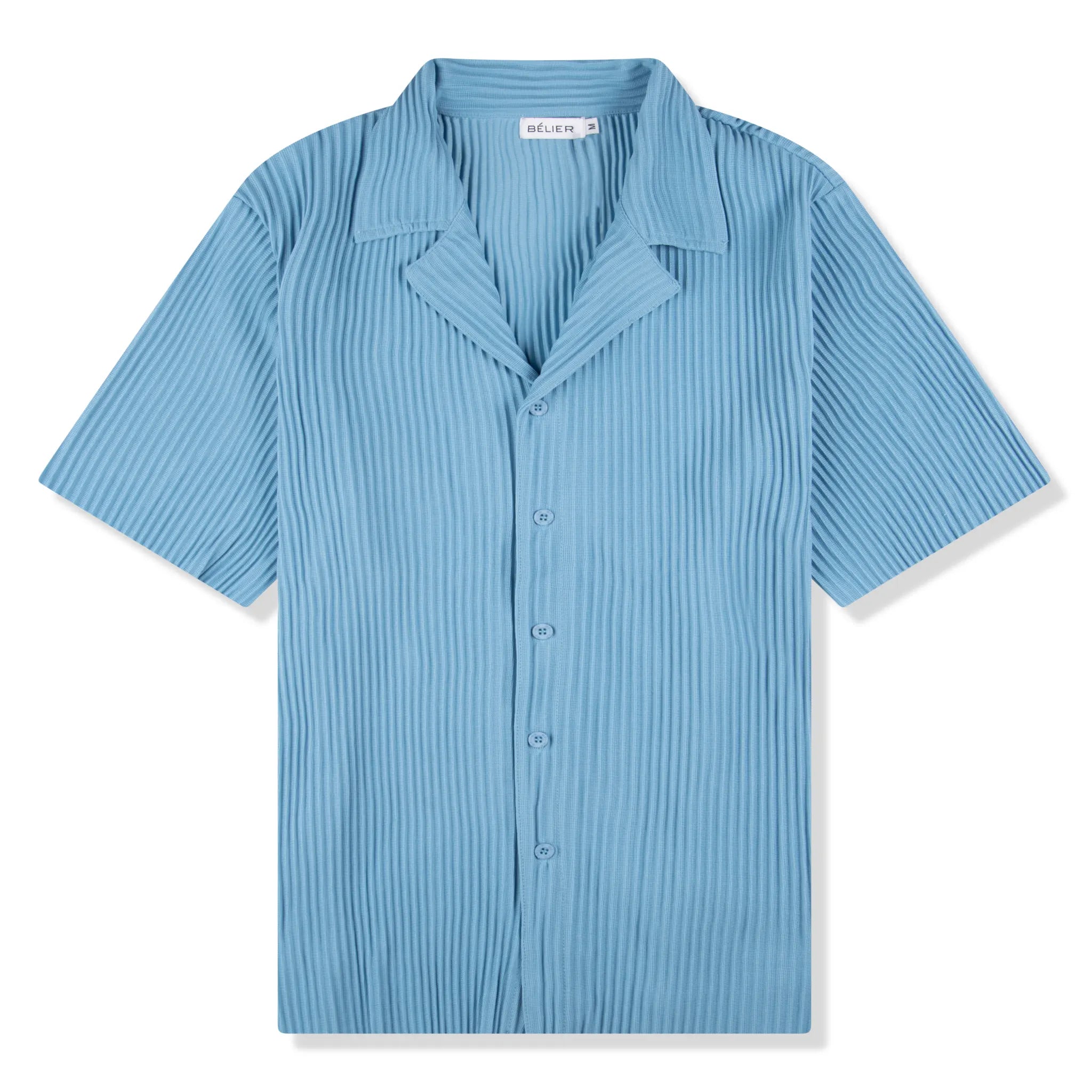 Front view of Belier Pleated Short Sleeve Light Blue Resort Shirt BM-073