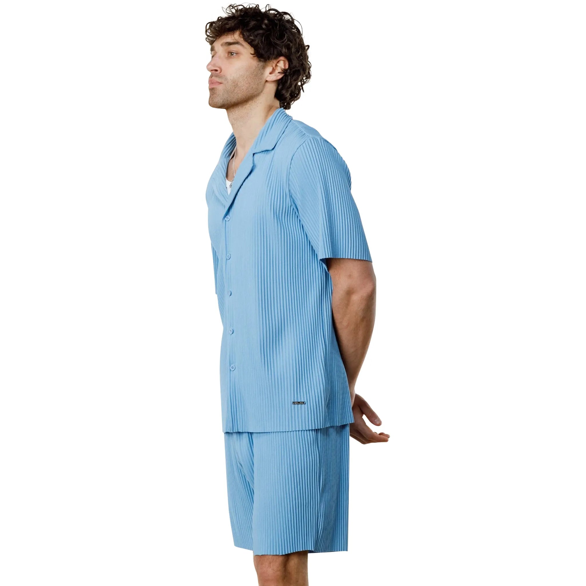 Model Side view of Belier Pleated Short Sleeve Light Blue Resort Shirt BM-073