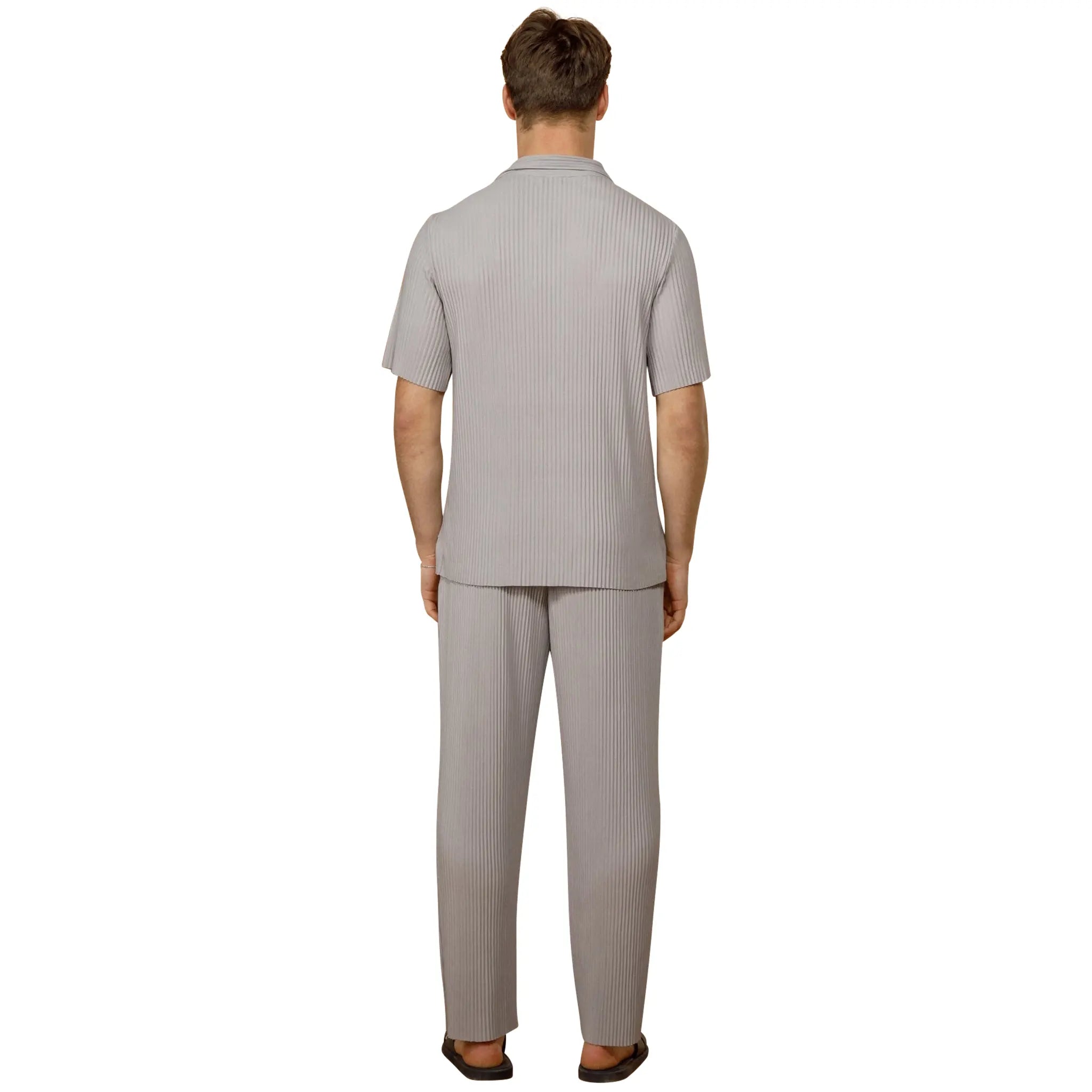 Model Back view of Belier Pleated Short Sleeve Light Grey Resort Shirt BM-073