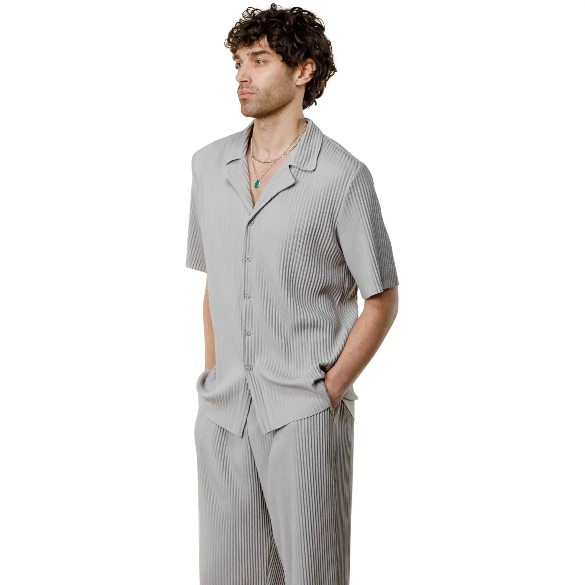 Model side view of Belier Pleated Light Grey Resort Shirt & Shorts 