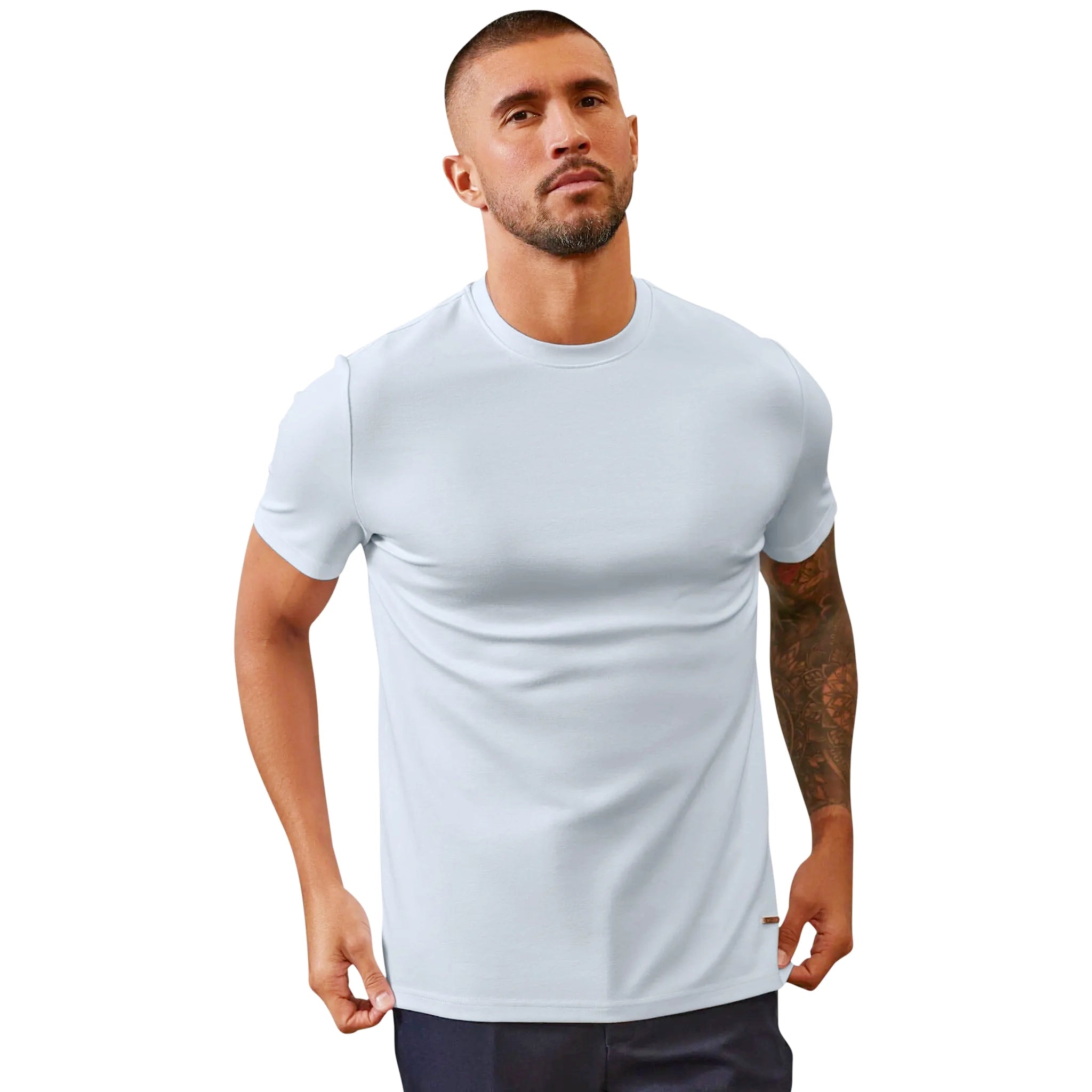 Model front view of Belier Premium Pebble T Shirt