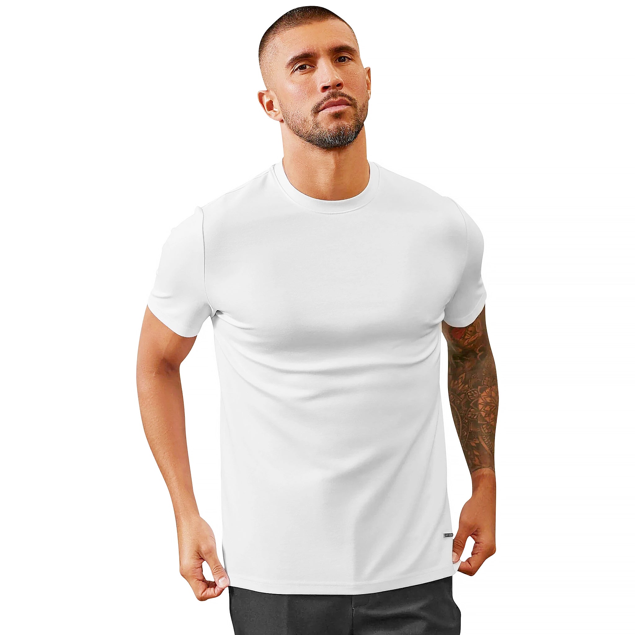 Model front view of Belier Premium White T Shirt BM264WHT