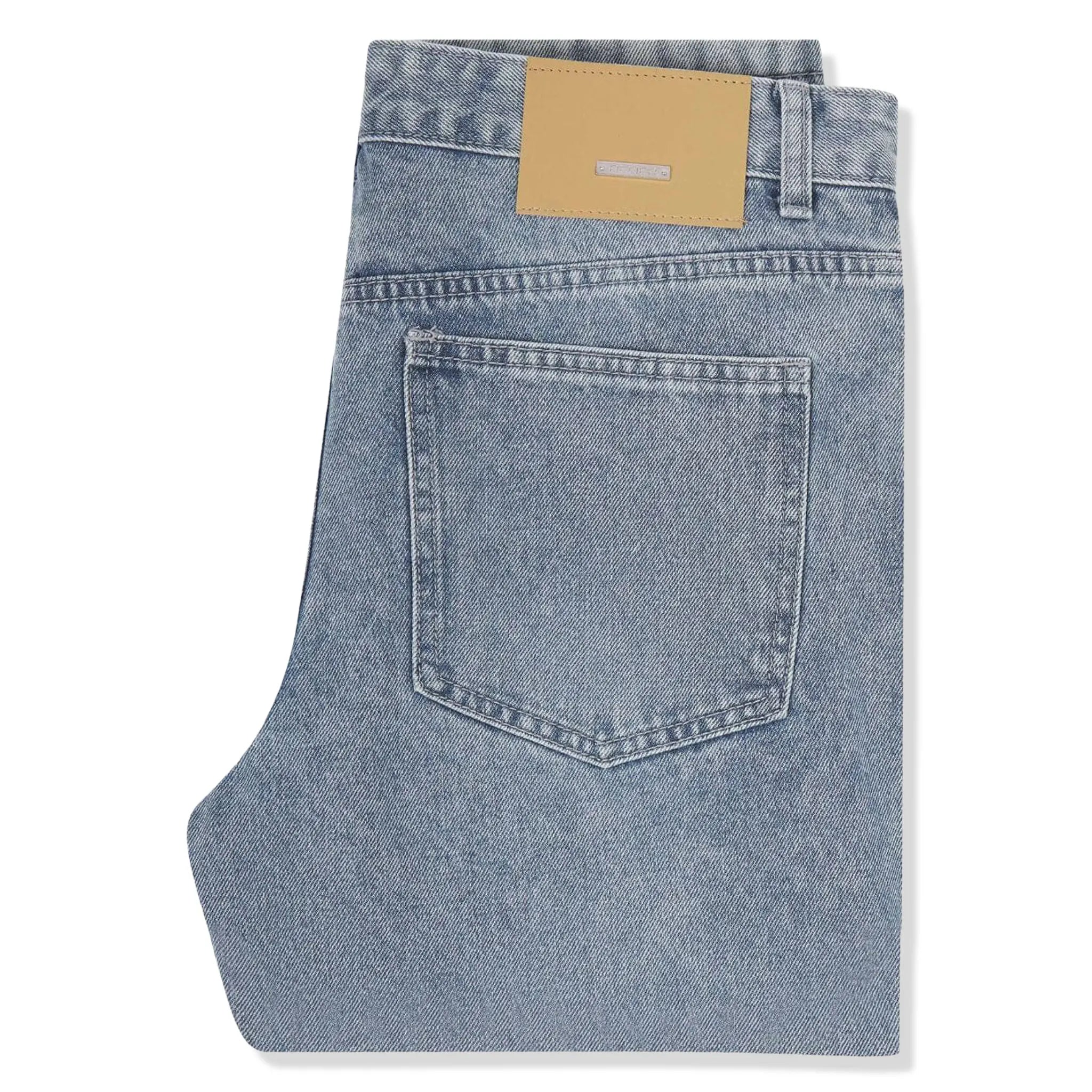 Folded view of VLogo patch straight-leg Bershka jeans