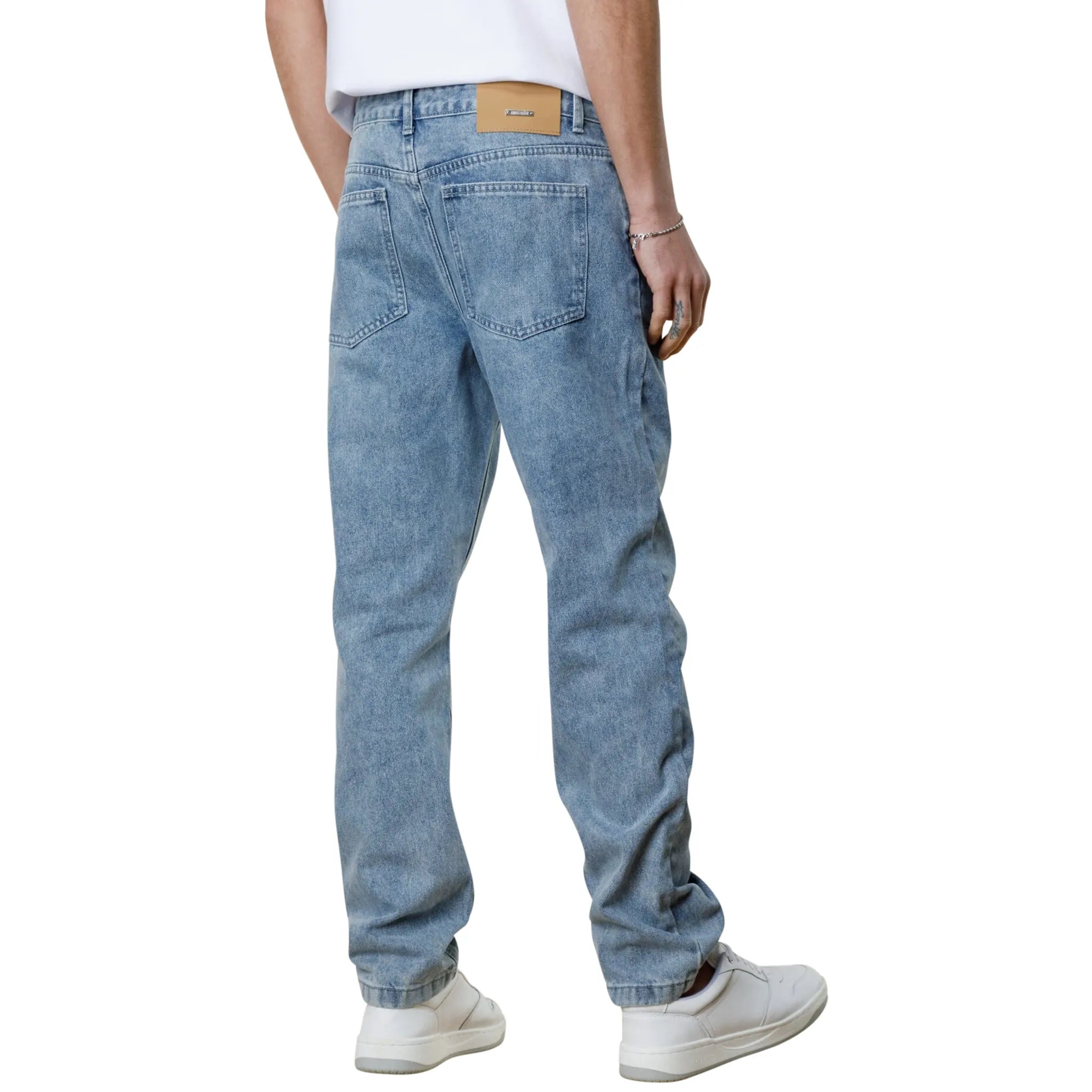 Model Back view of VLogo patch straight-leg Bershka jeans