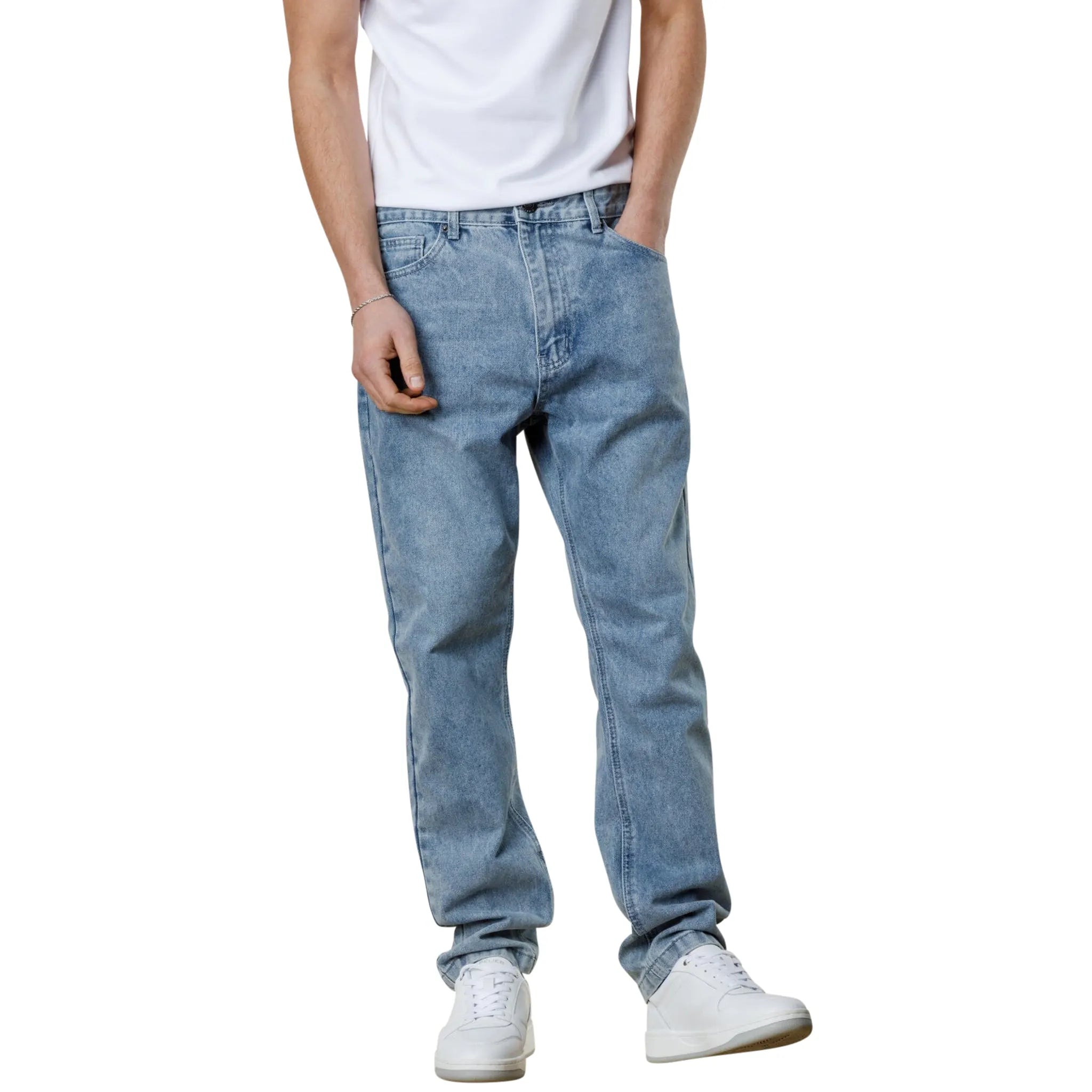 Model front view of VLogo patch straight-leg Bershka jeans