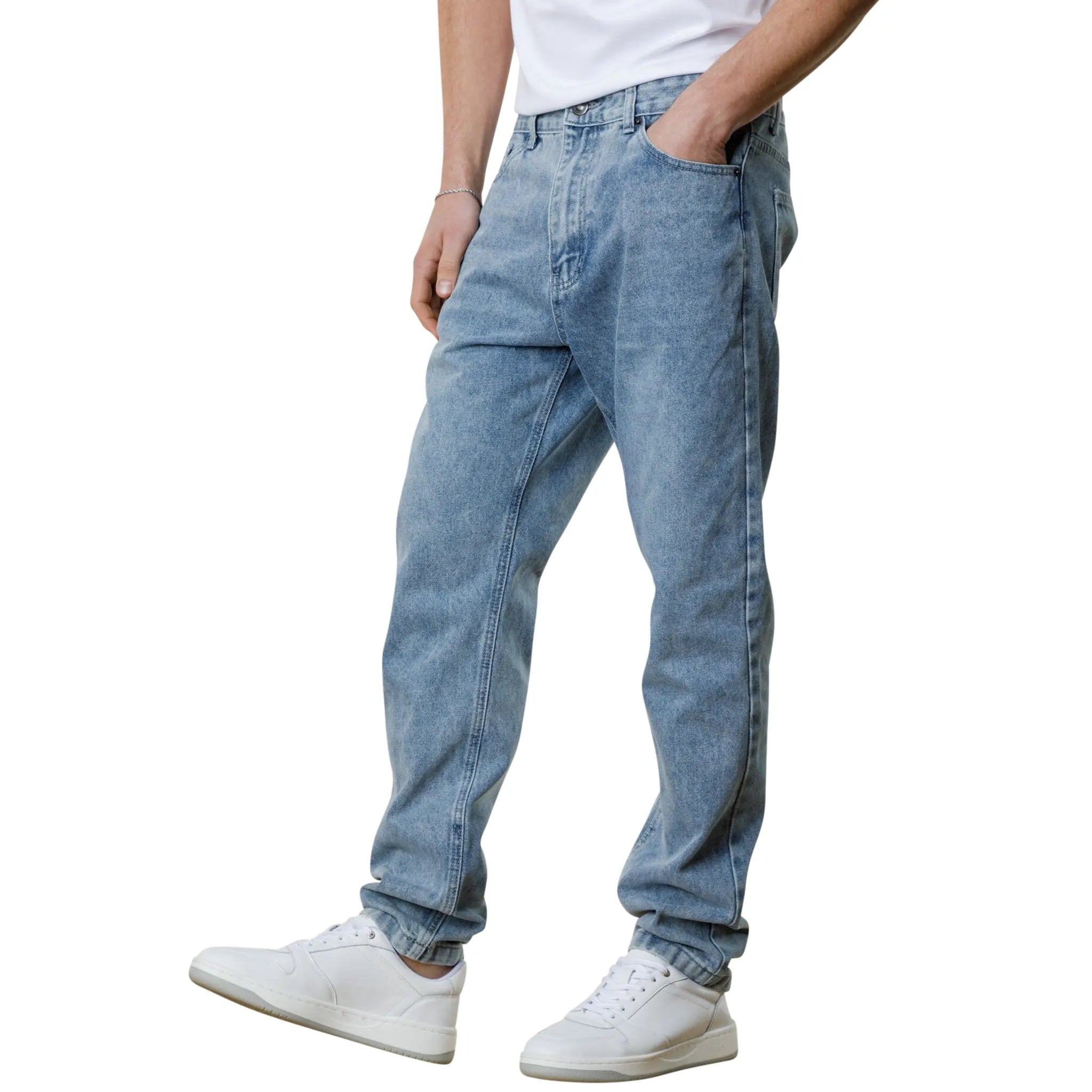 Model front view of VLogo patch straight-leg Bershka jeans